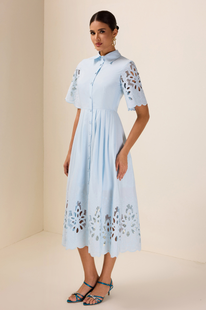 Embroidered Flapped Single Breasted Midi Dress