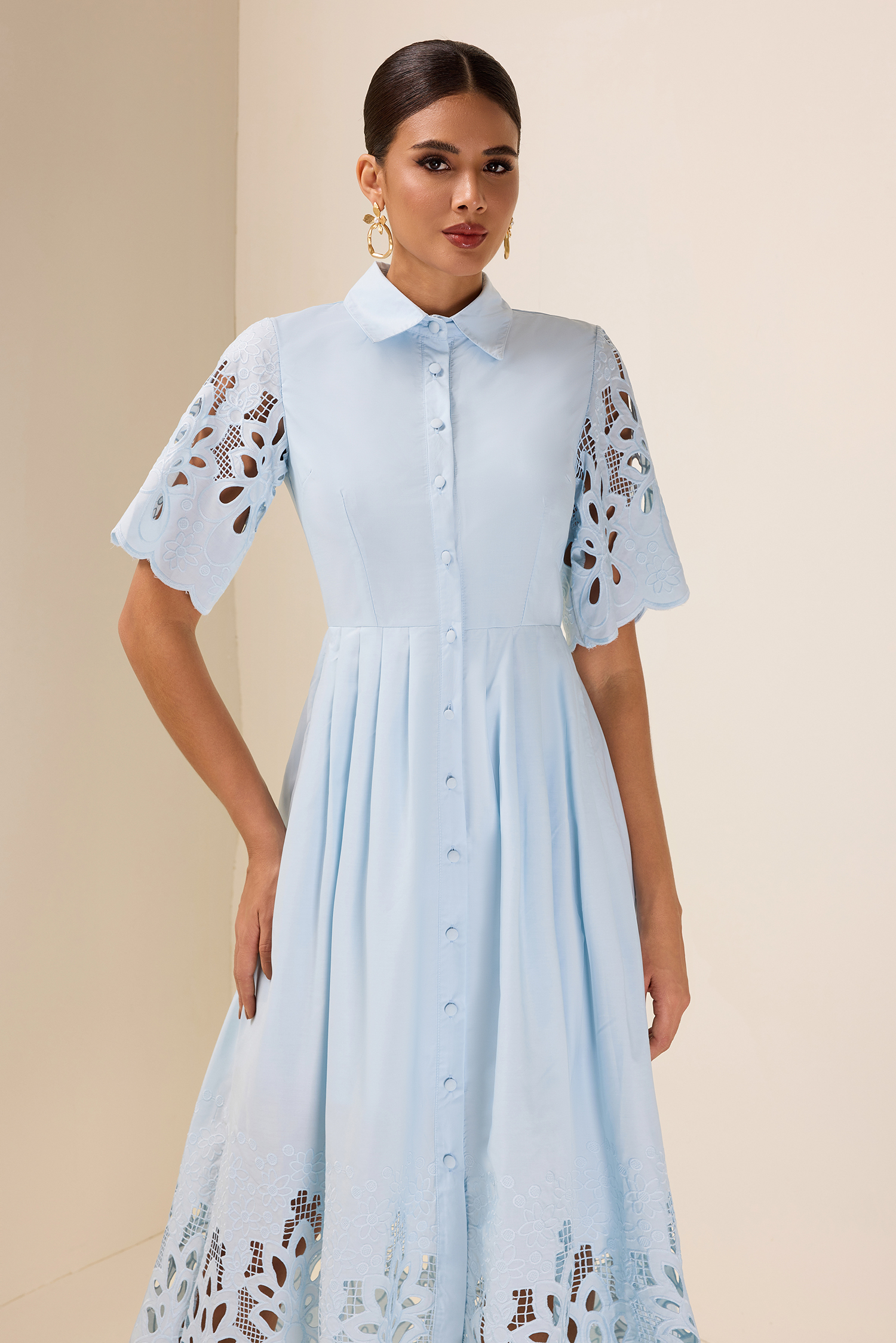 Embroidered Flapped Single Breasted Midi Dress