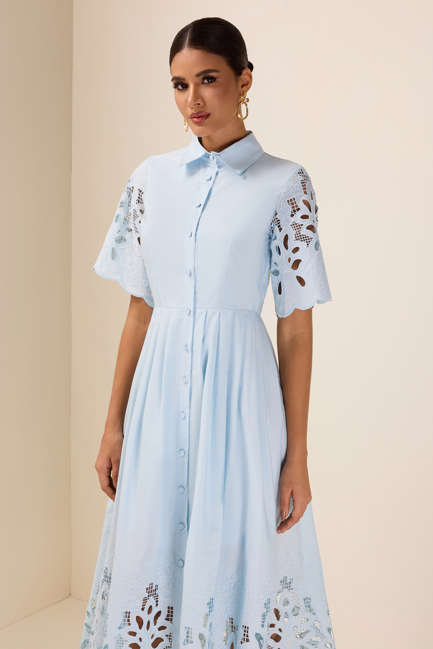 Embroidered Flapped Single Breasted Midi Dress