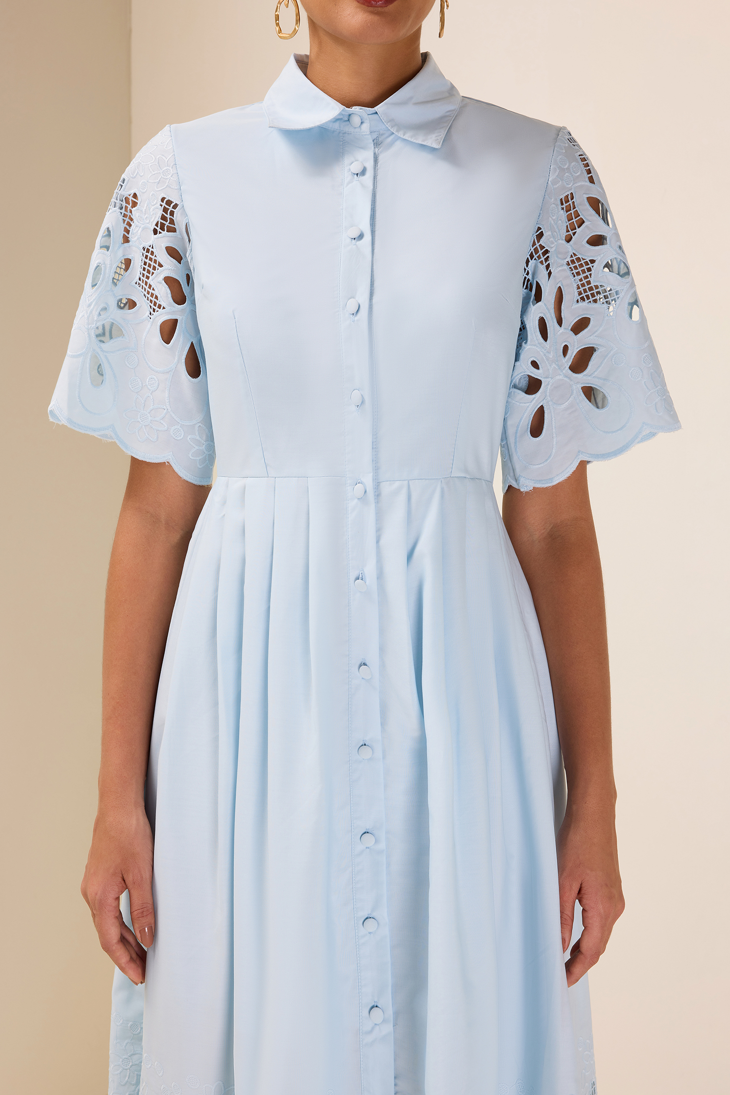 Embroidered Flapped Single Breasted Midi Dress