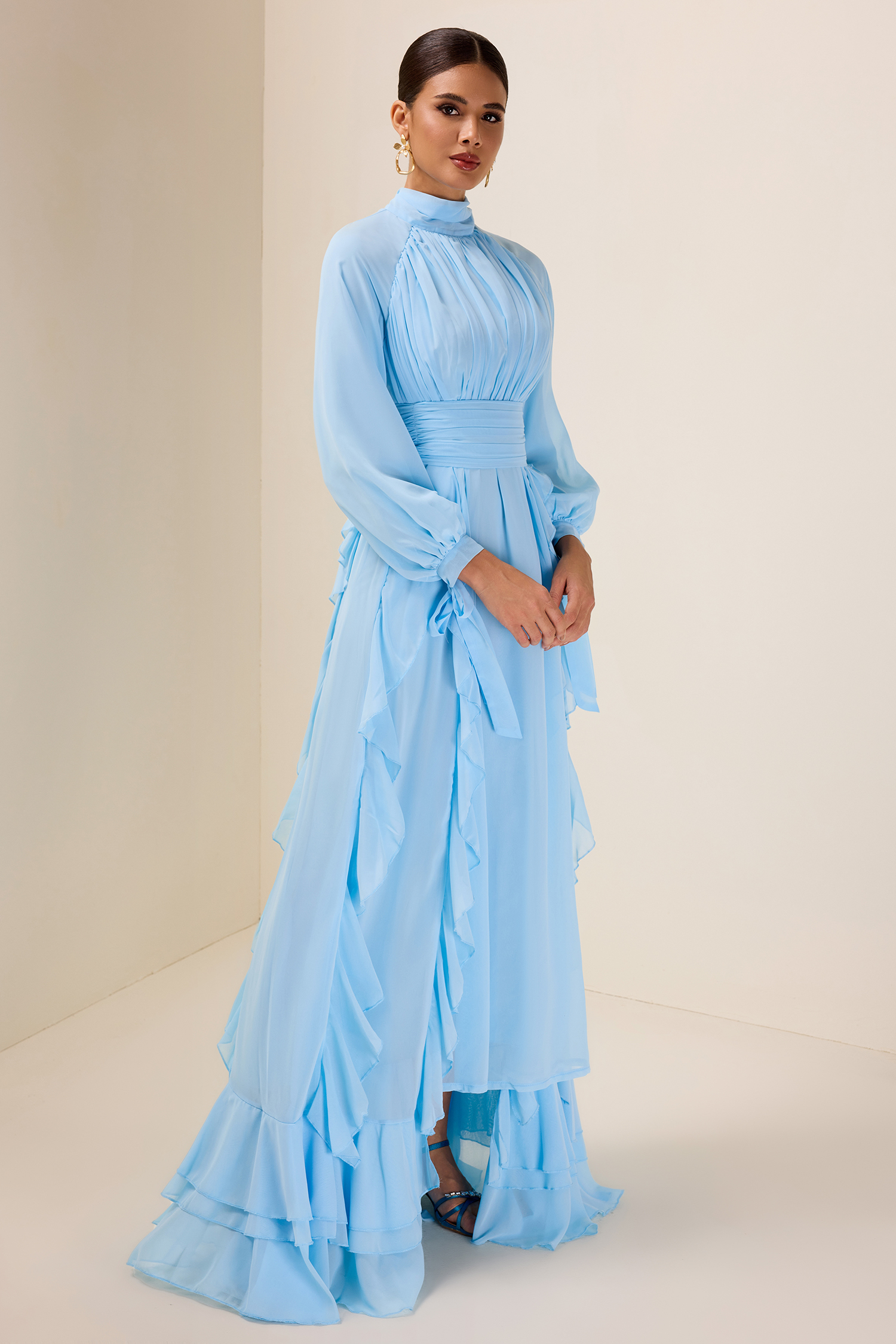 Solid Stand Collar Long Sleeve Frill Maxi Dress