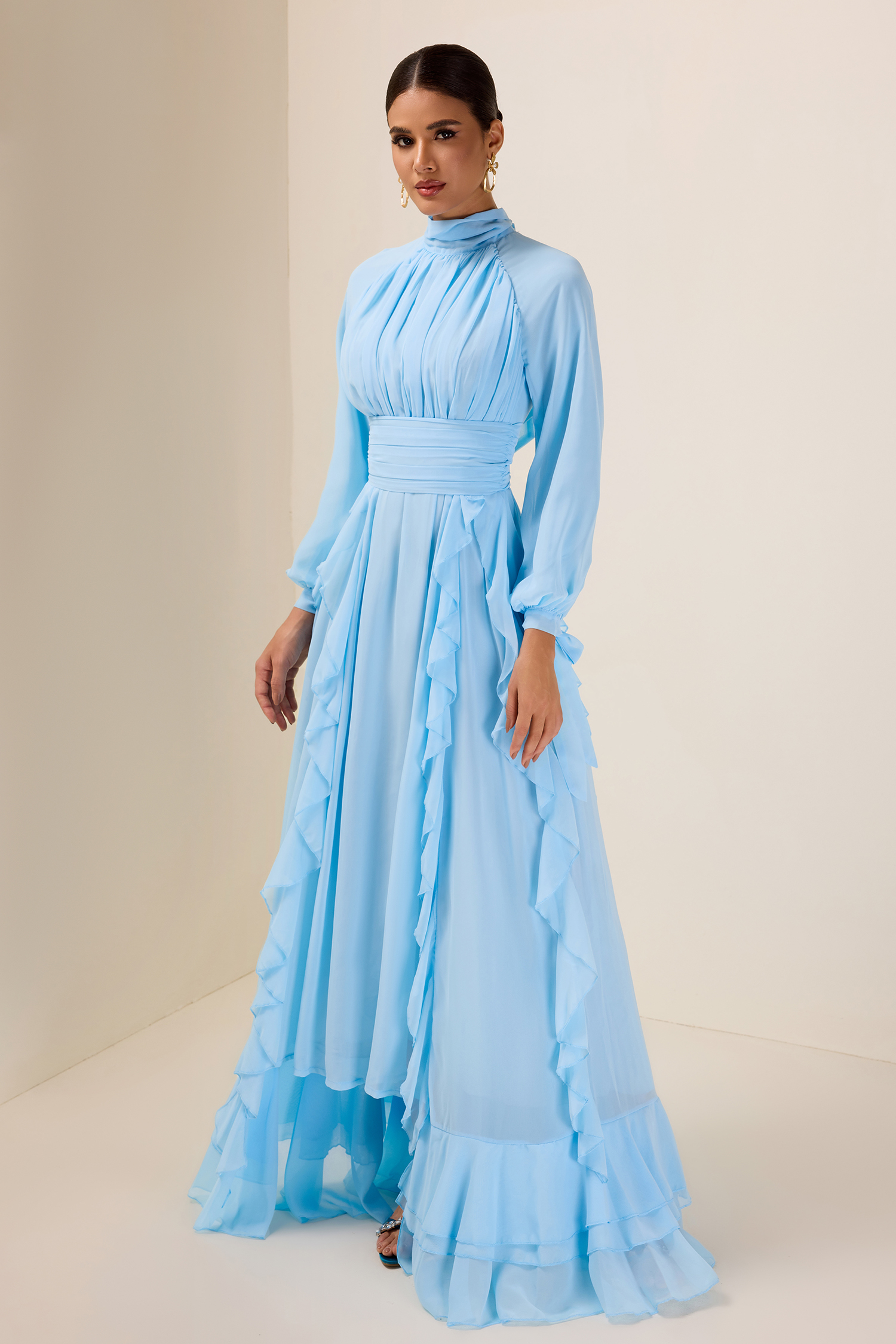 Solid Stand Collar Long Sleeve Frill Maxi Dress