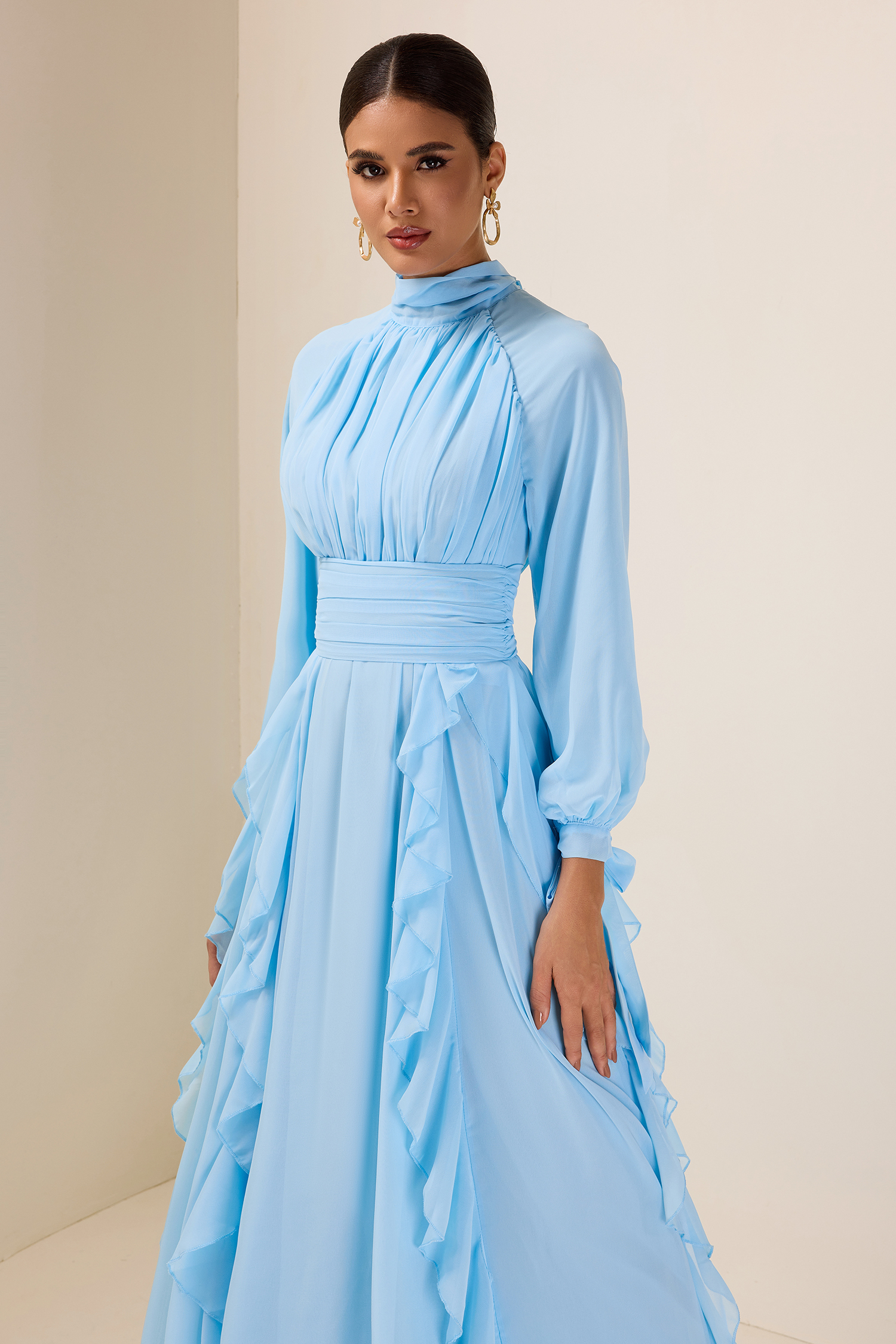 Solid Stand Collar Long Sleeve Frill Maxi Dress