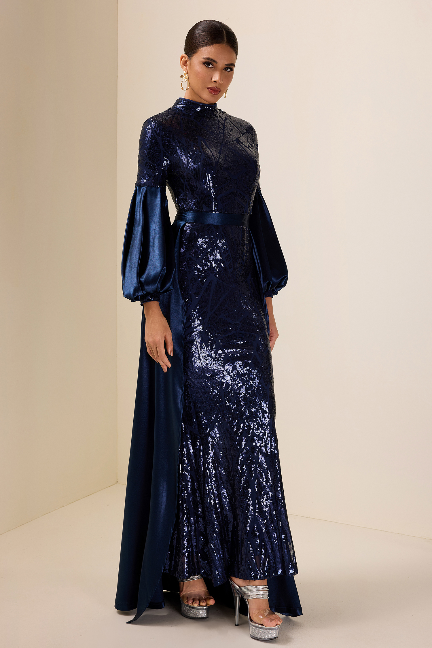 Satin Sequin Lantern Sleeve Maxi Dress