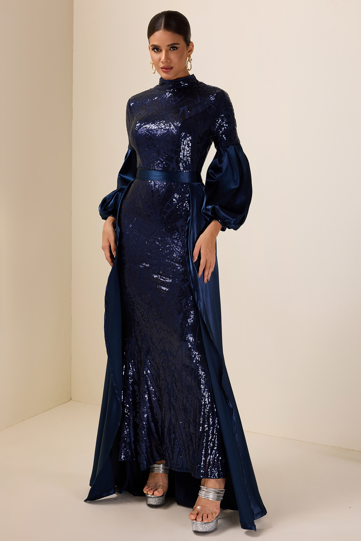 Satin Sequin Lantern Sleeve Maxi Dress