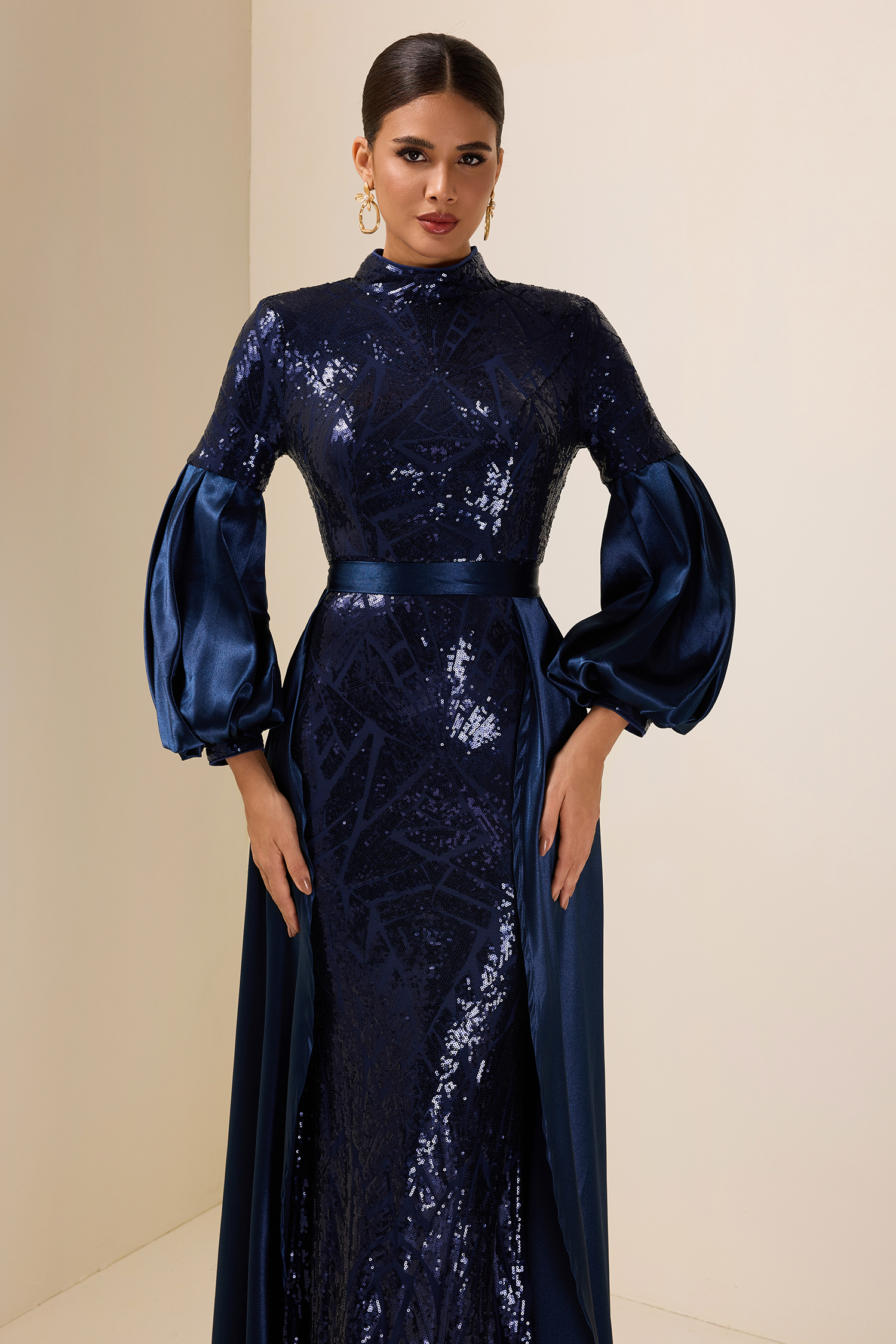 Satin Sequin Lantern Sleeve Maxi Dress