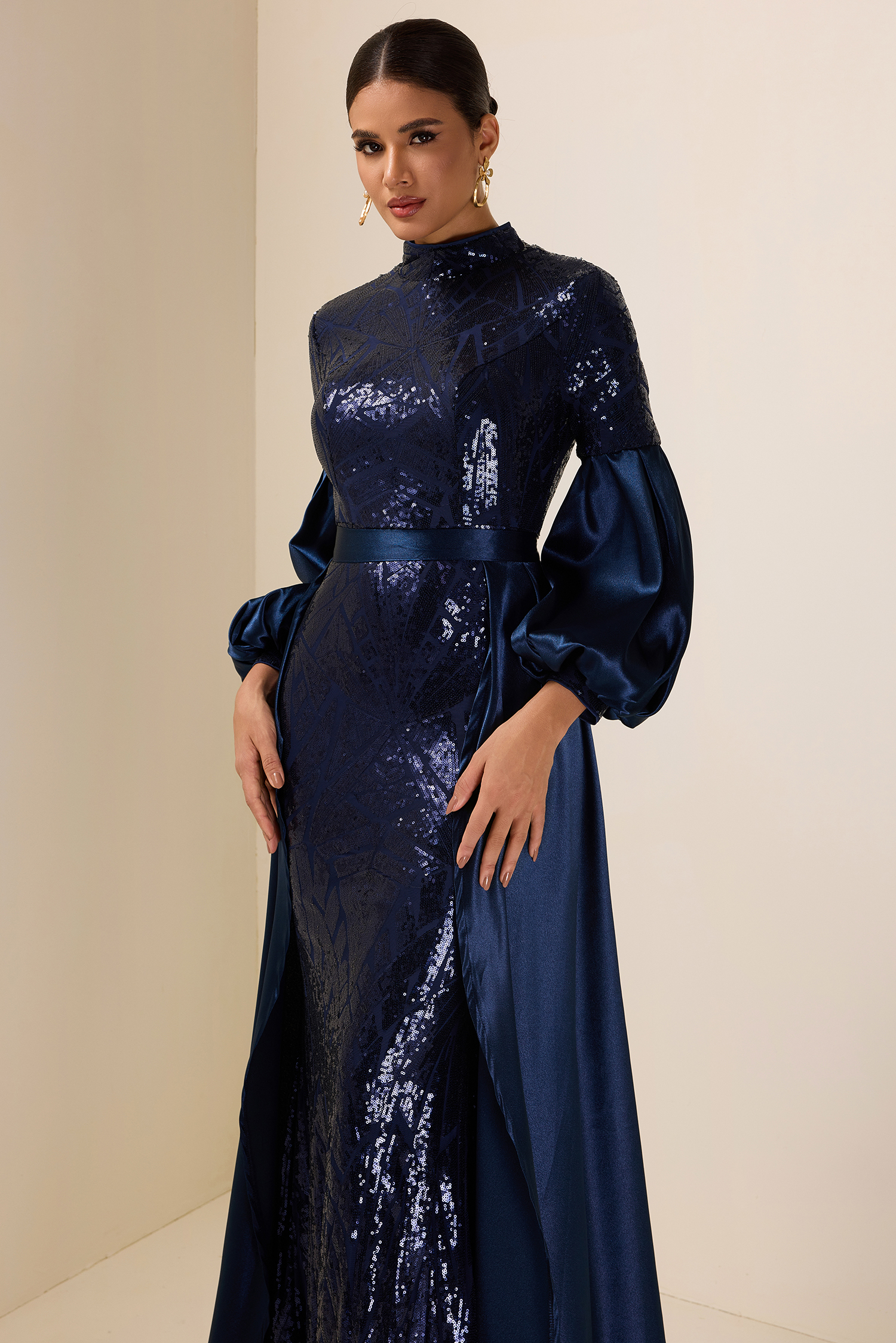 Satin Sequin Lantern Sleeve Maxi Dress