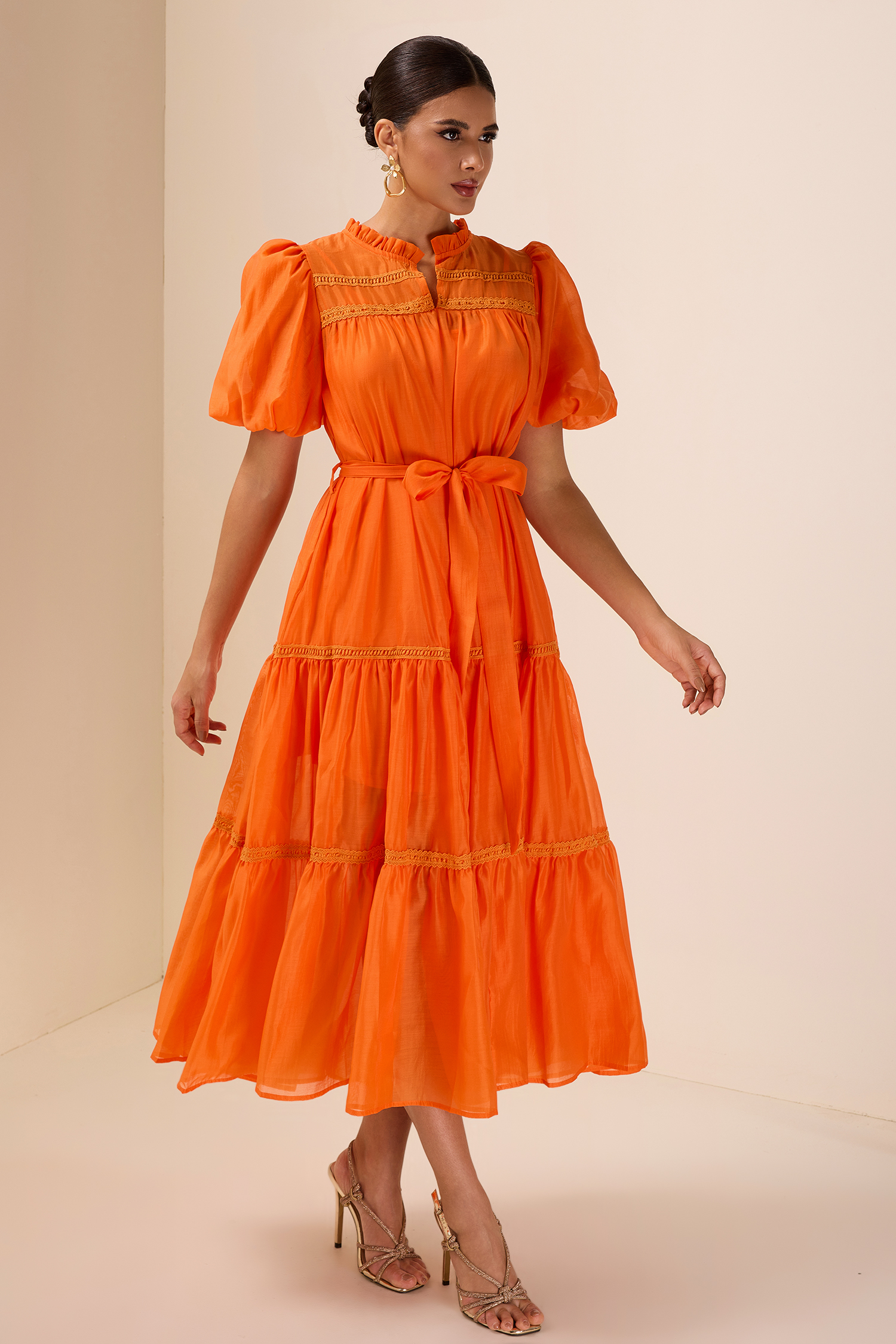 Lace Puff Sleeve Frill Midi Dress With Belt