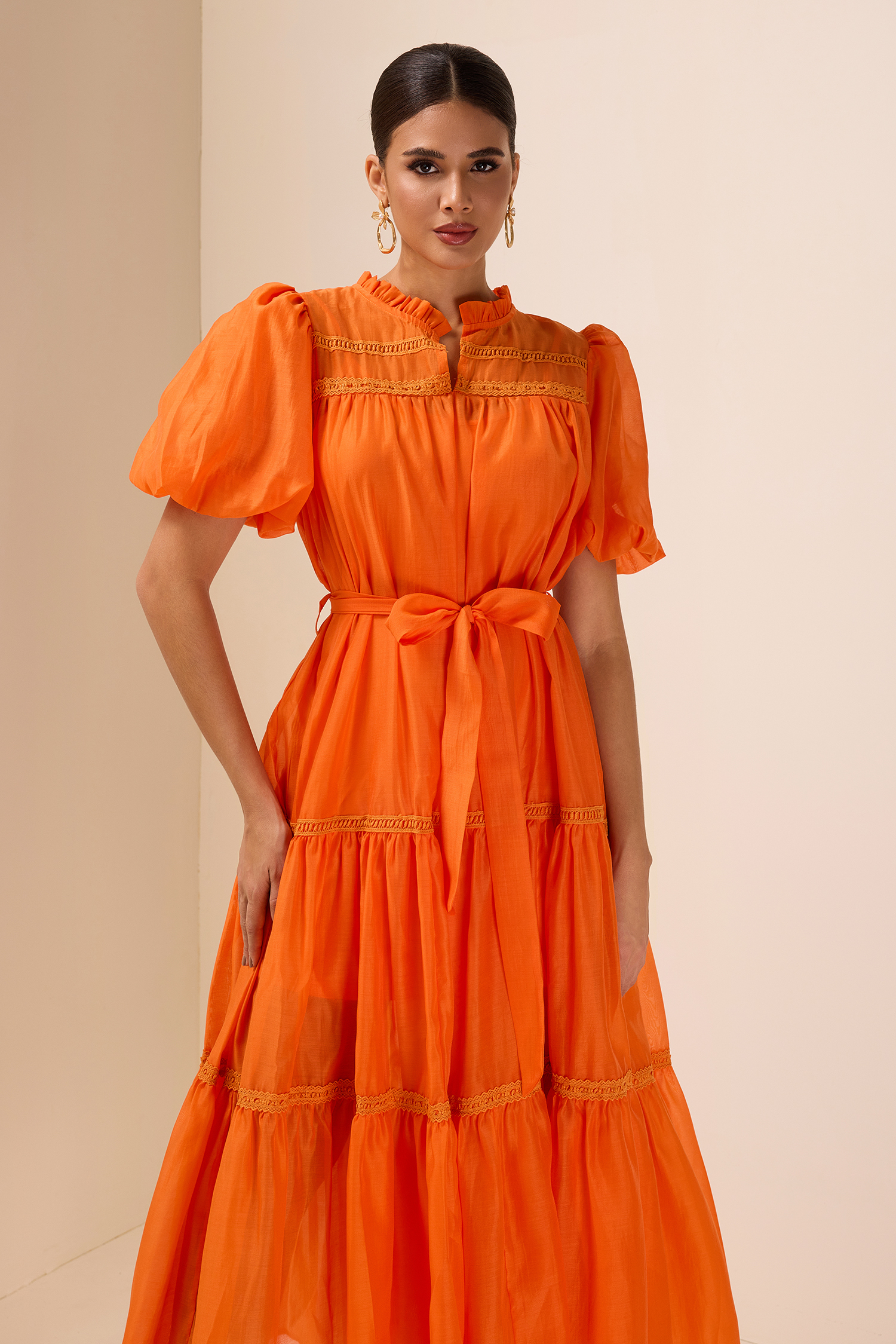 Lace Puff Sleeve Frill Midi Dress With Belt