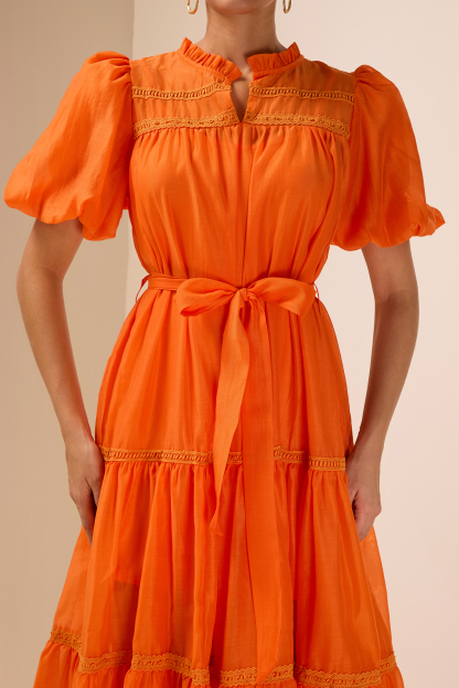 Lace Puff Sleeve Frill Midi Dress With Belt