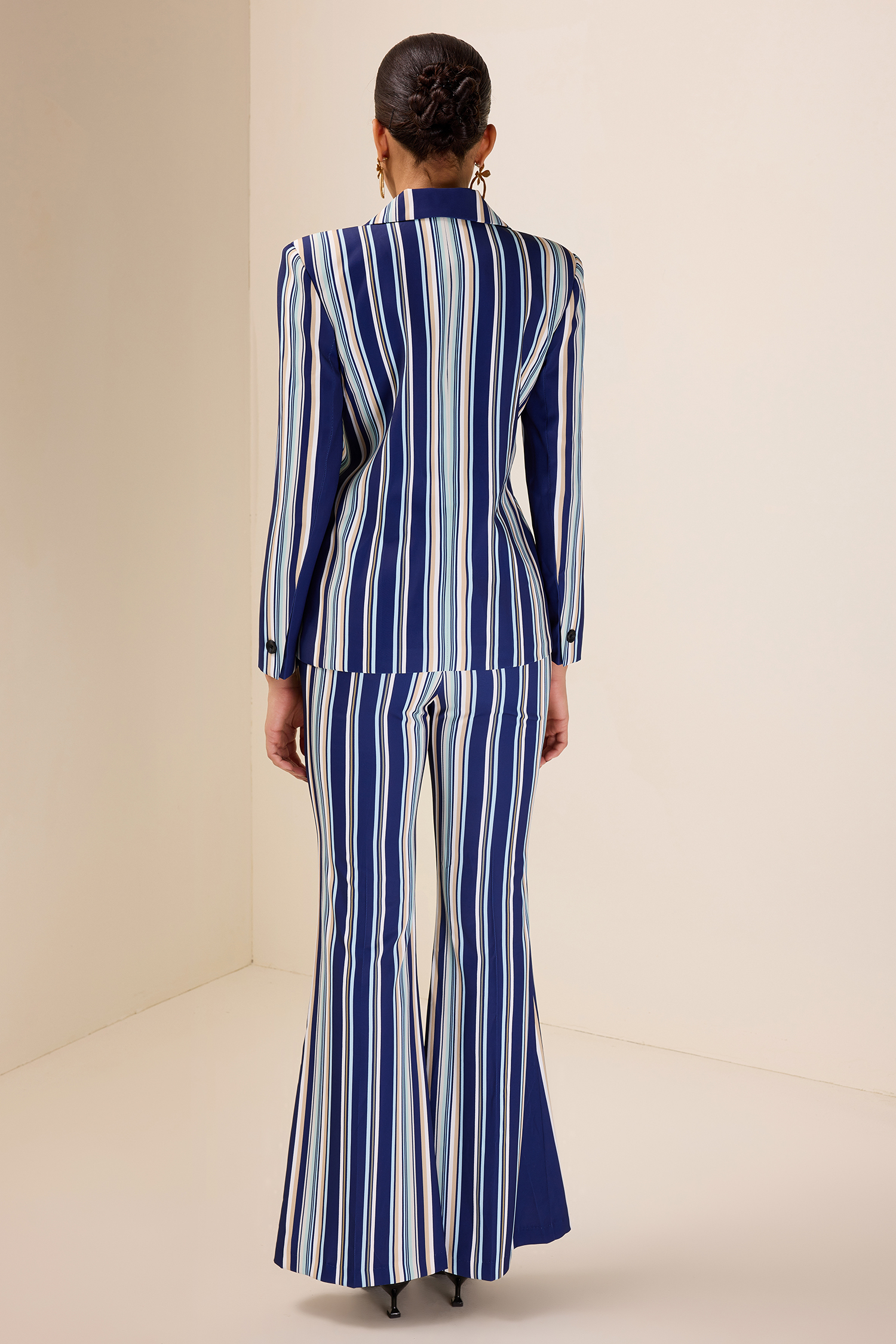 Stripe Long Sleeve Button Blazer & High Waist Pocket Bell-Bottomed Pants Set