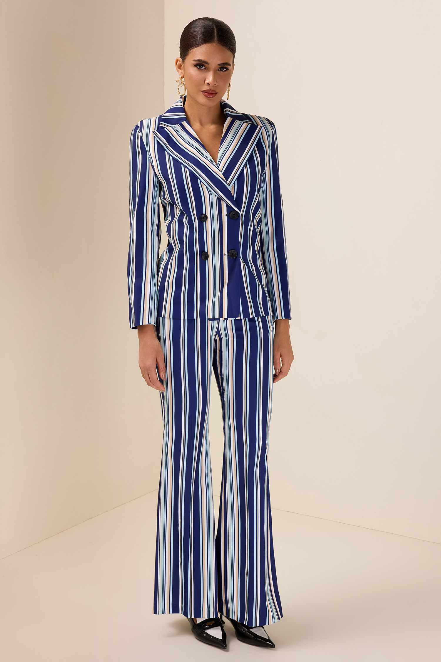 Stripe Long Sleeve Button Blazer & High Waist Pocket Bell-Bottomed Pants Set