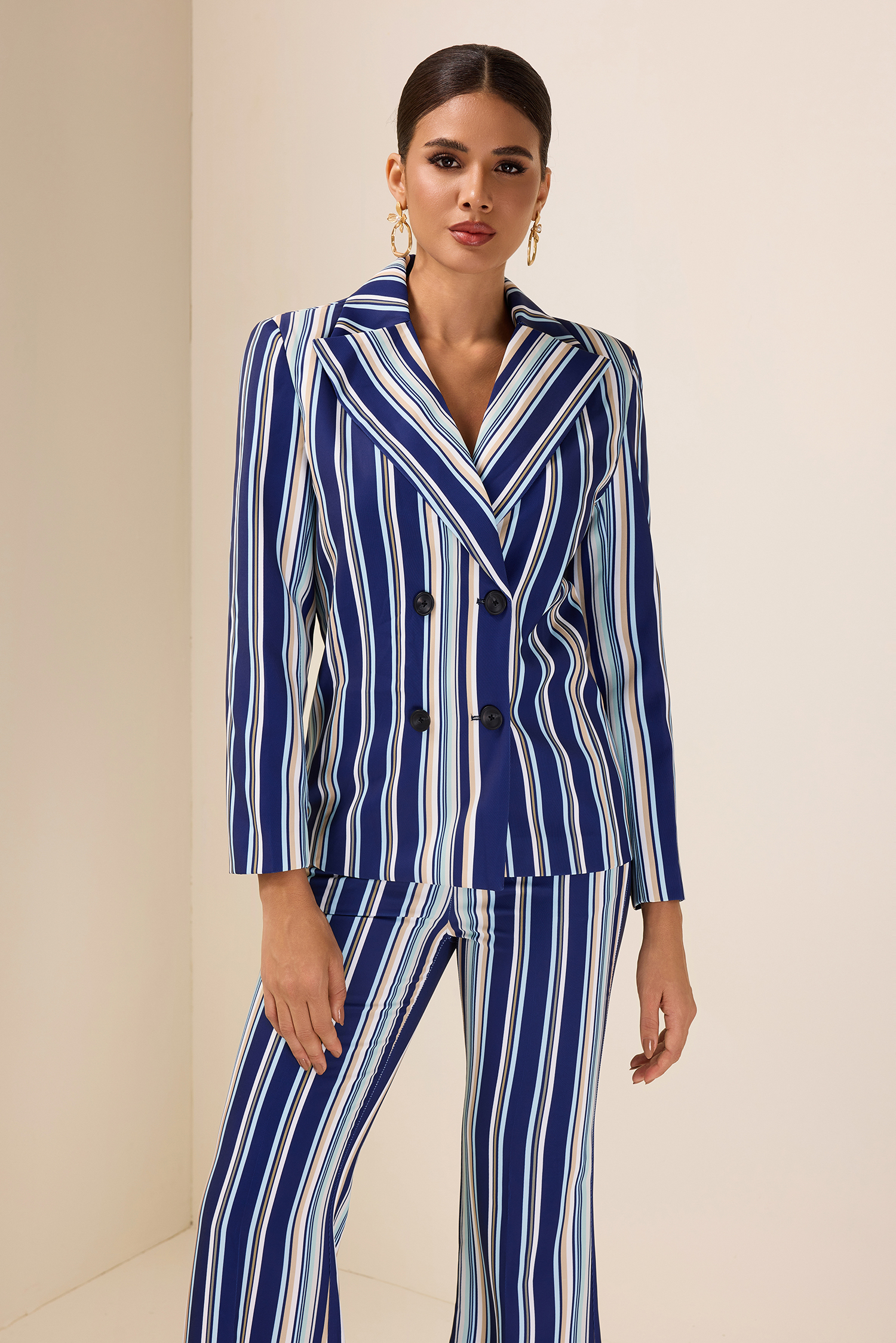 Stripe Long Sleeve Button Blazer & High Waist Pocket Bell-Bottomed Pants Set