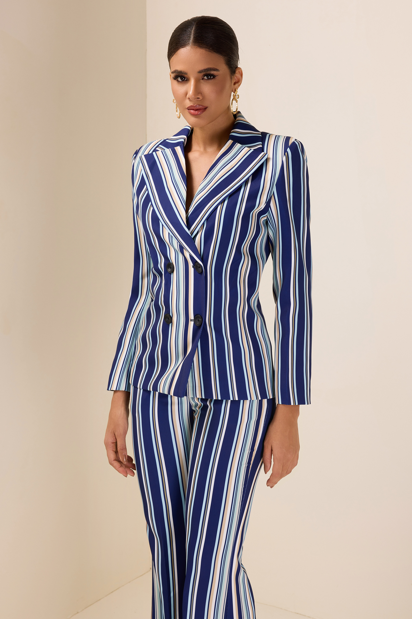 Stripe Long Sleeve Button Blazer & High Waist Pocket Bell-Bottomed Pants Set