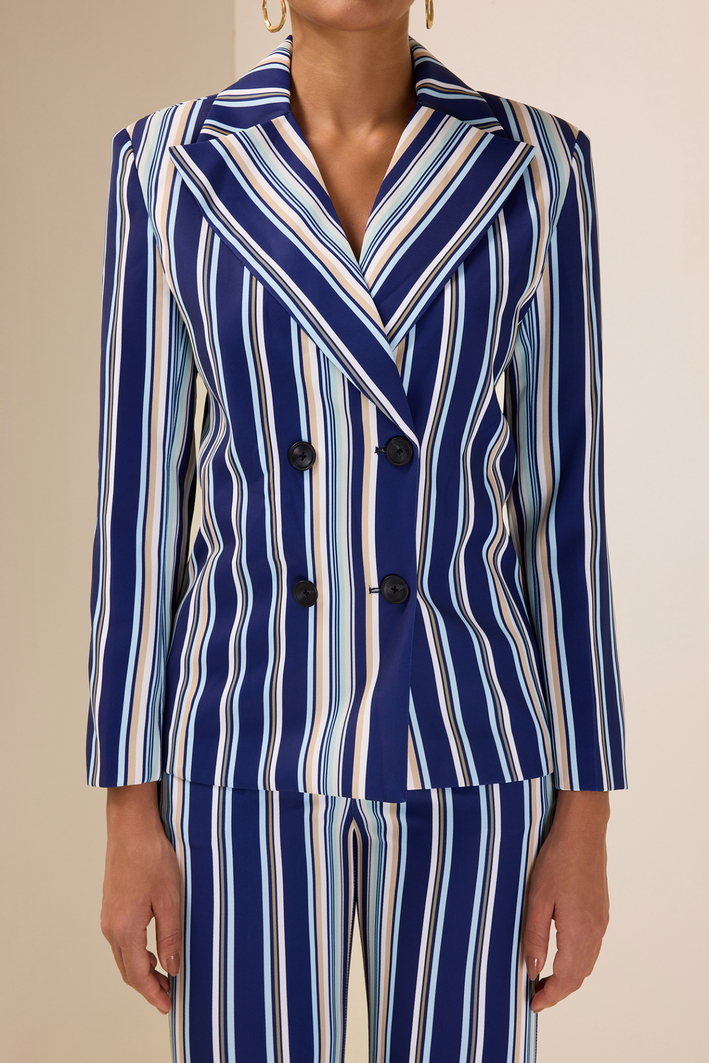 Stripe Long Sleeve Button Blazer & High Waist Pocket Bell-Bottomed Pants Set