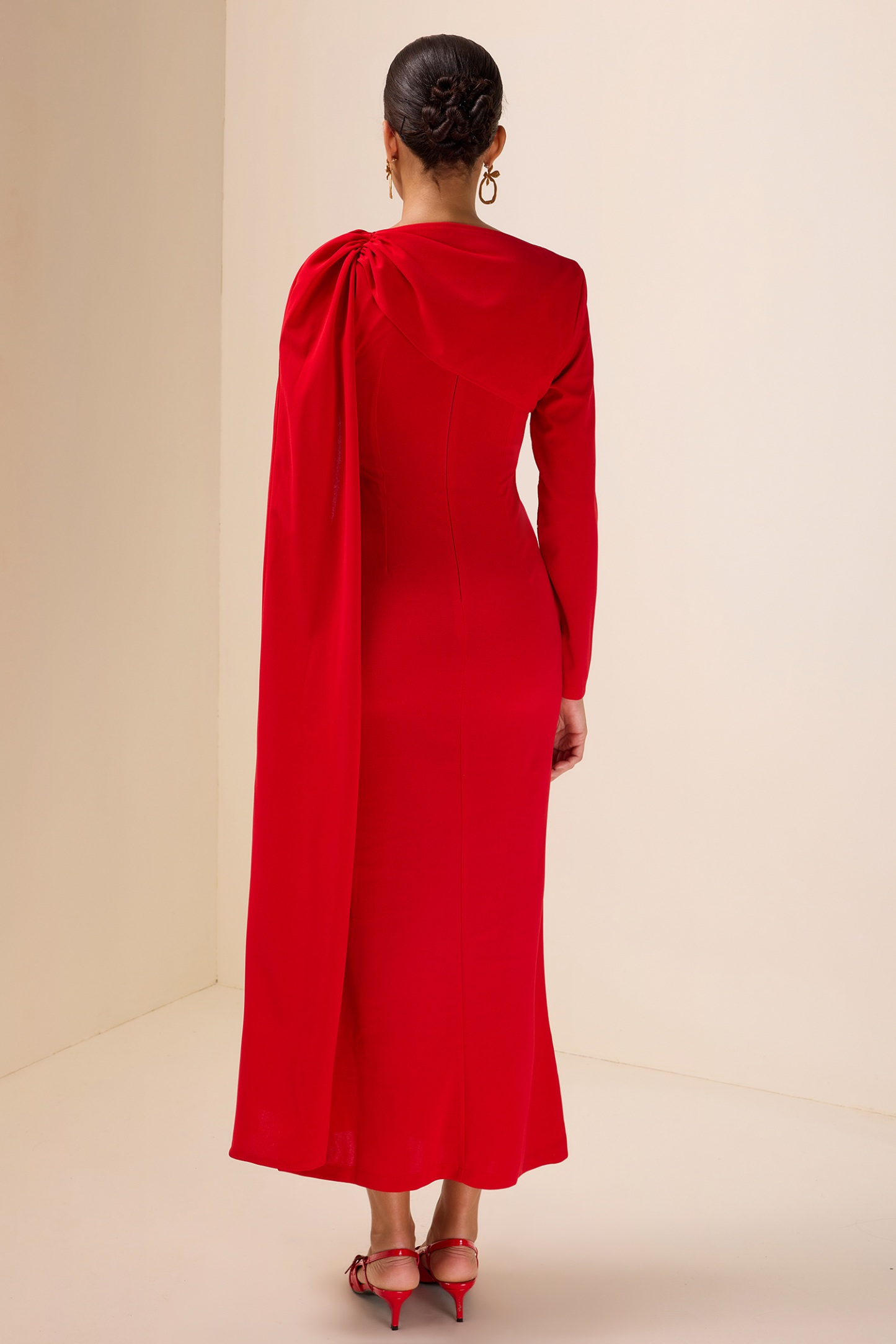 Solid Cape Sleeve Cut-Out Midi Dress