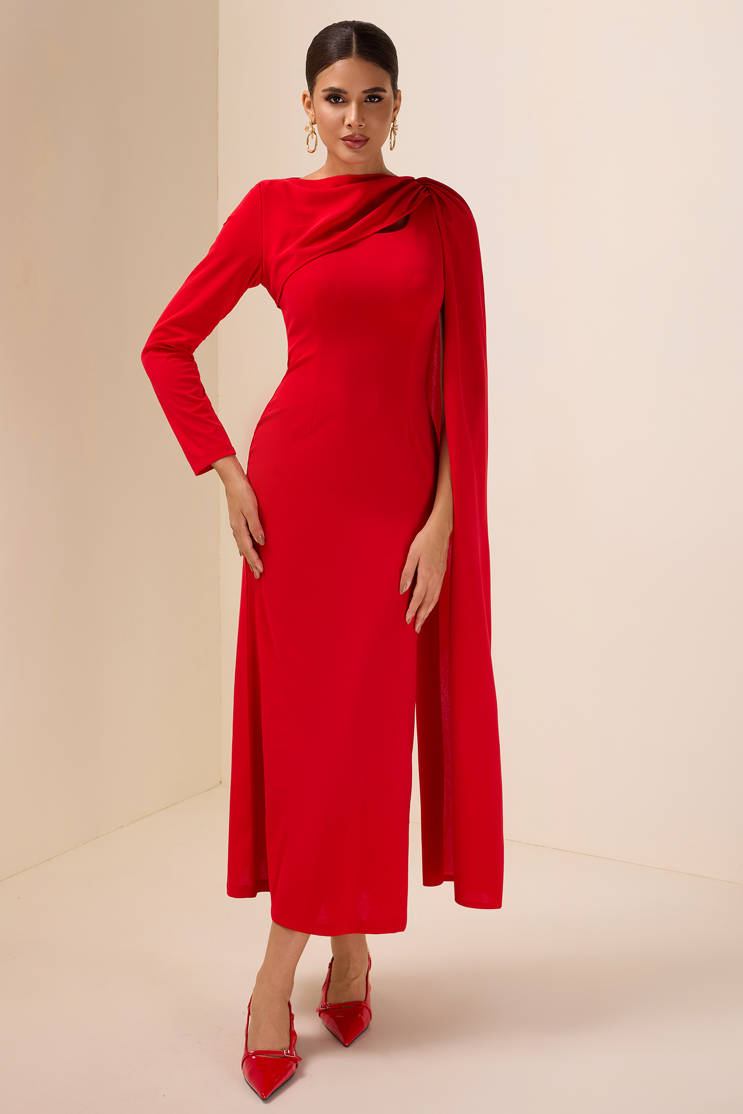 Solid Cape Sleeve Cut-Out Midi Dress