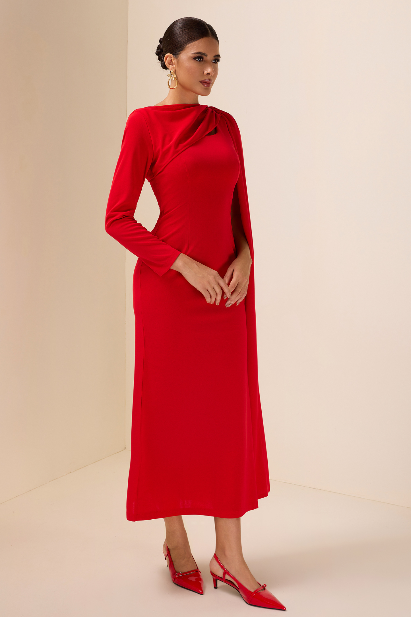 Solid Cape Sleeve Cut-Out Midi Dress