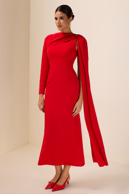 Solid Cape Sleeve Cut-Out Midi Dress