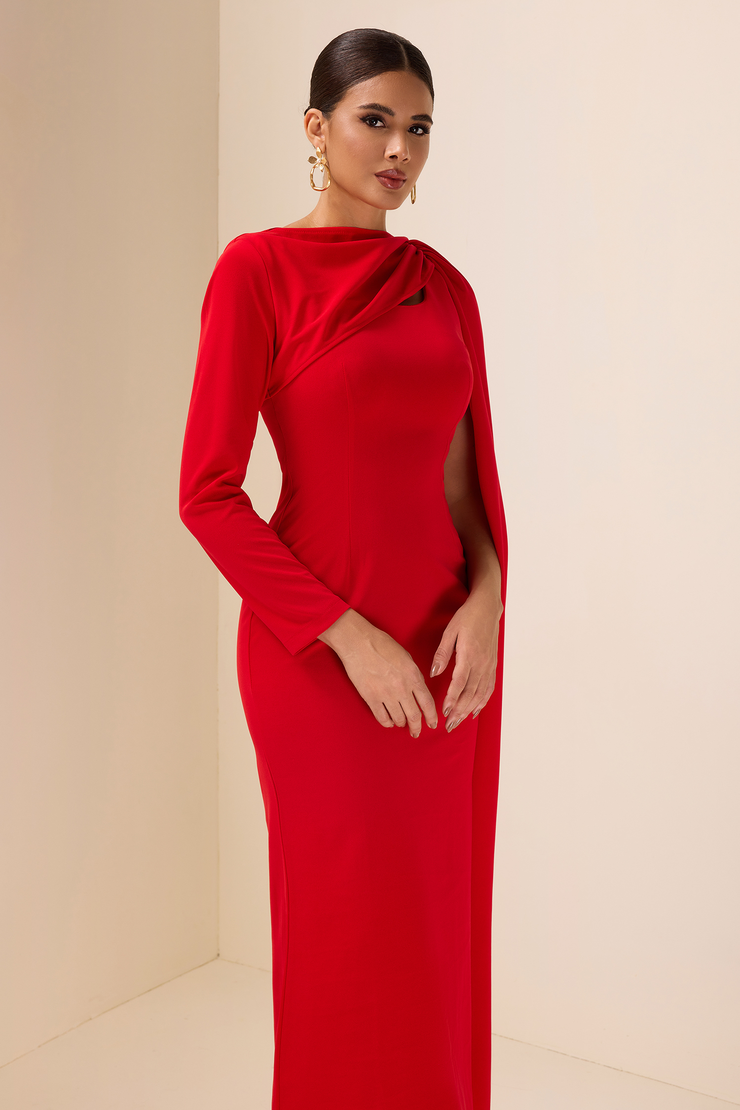 Solid Cape Sleeve Cut-Out Midi Dress