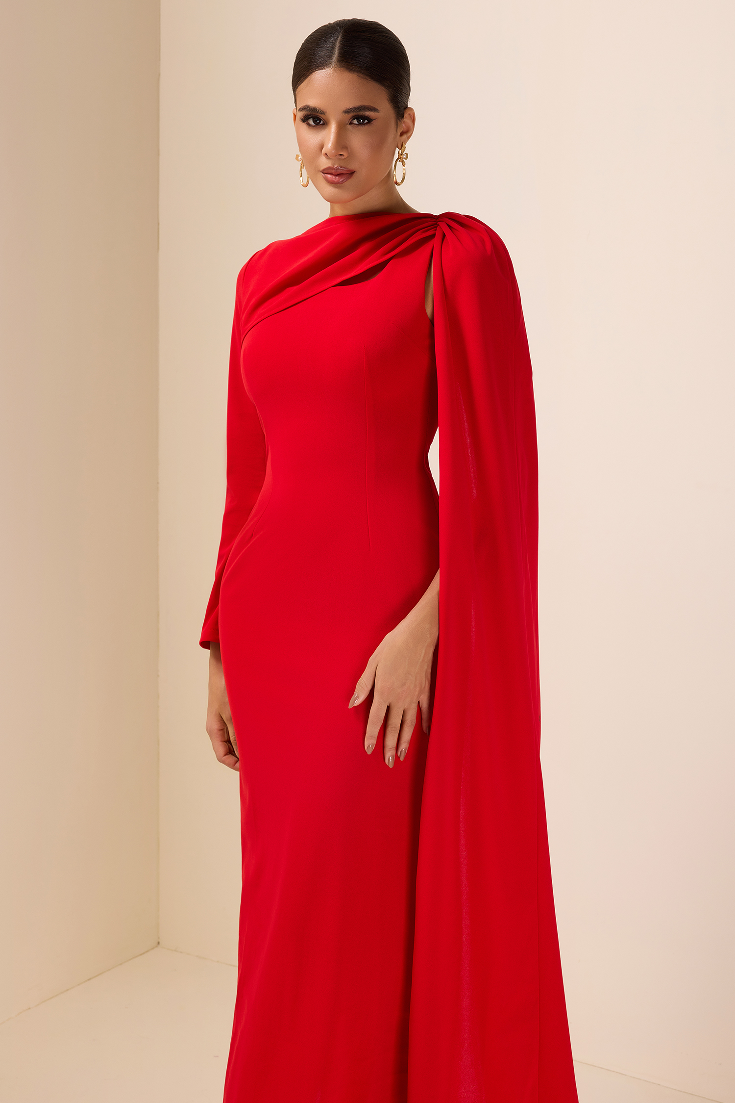 Solid Cape Sleeve Cut-Out Midi Dress