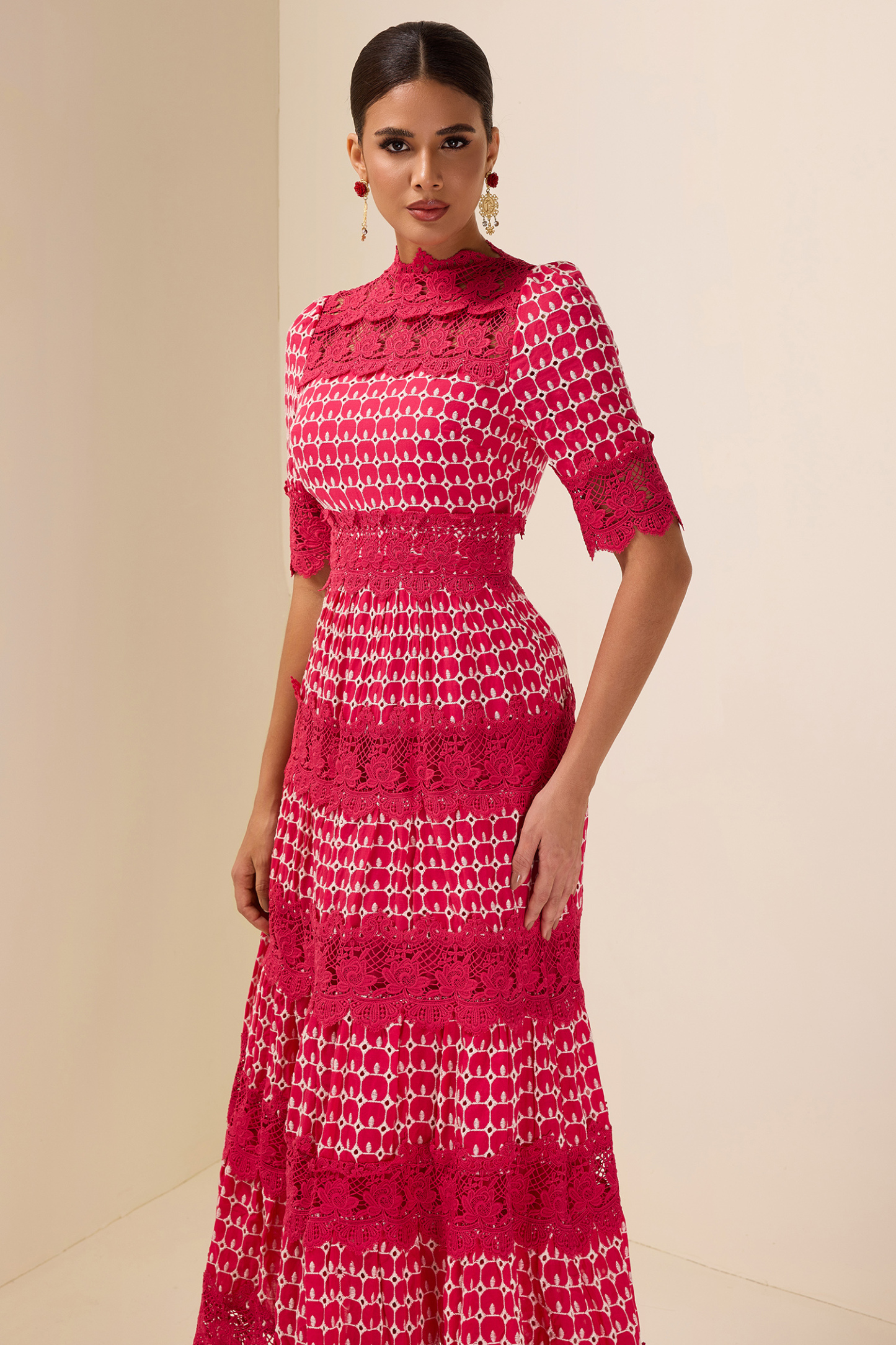 Lace Embroidery Short Sleeve Midi Dress