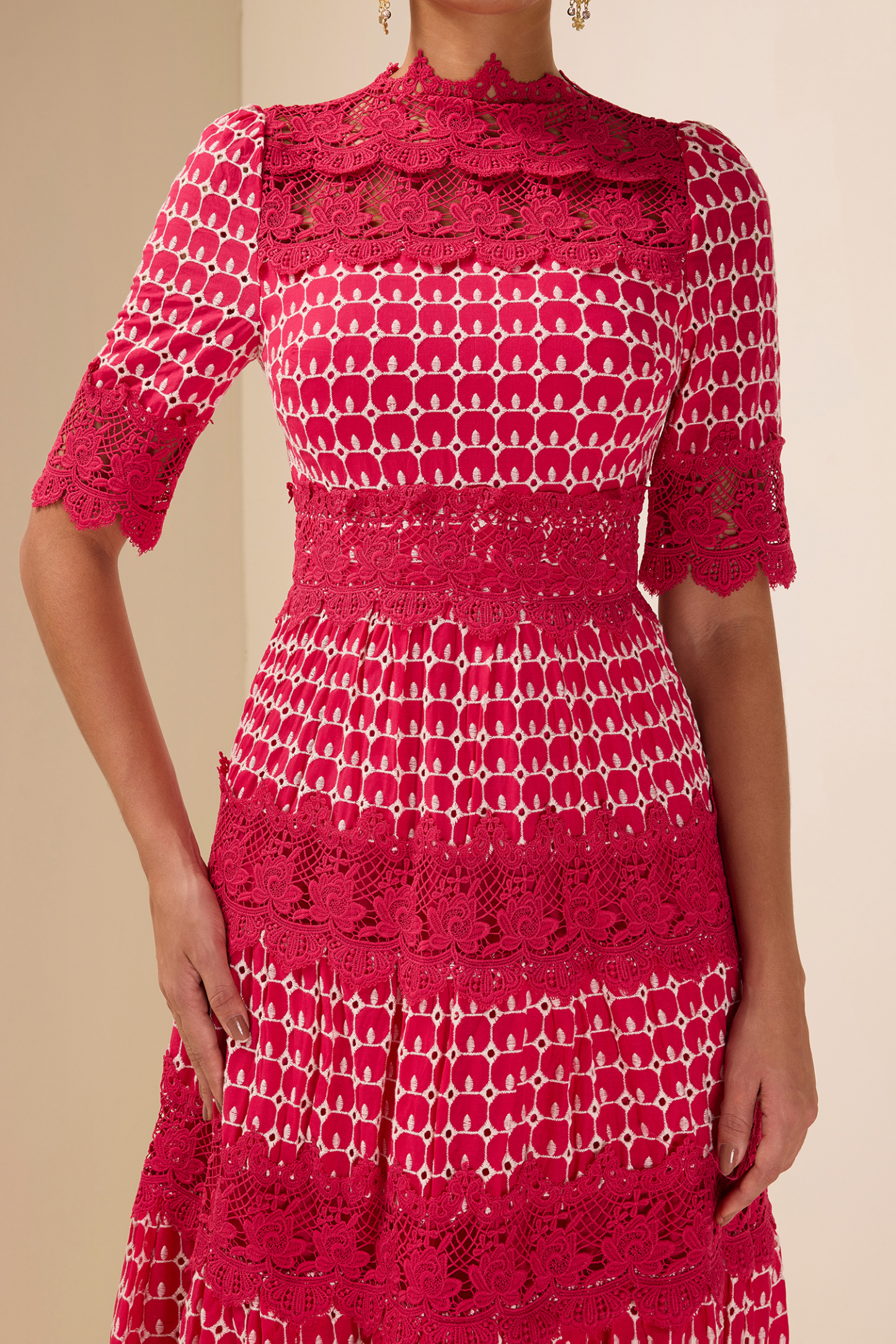 Lace Embroidery Short Sleeve Midi Dress