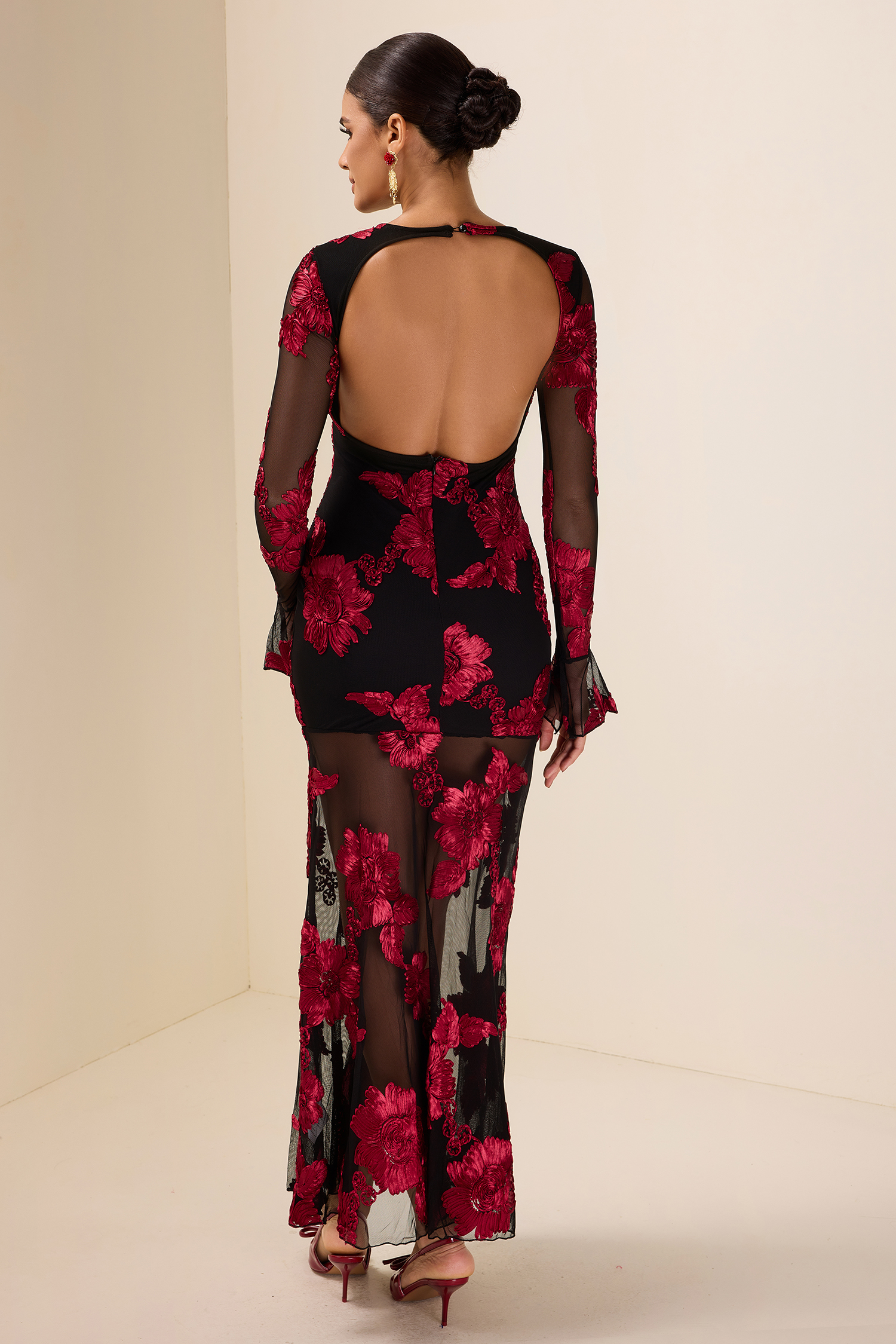 Embroidered Bell Sleeve Backless Midi Dress