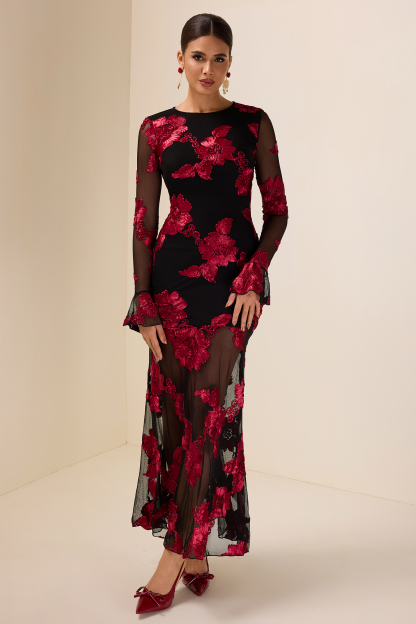 Embroidered Bell Sleeve Backless Midi Dress