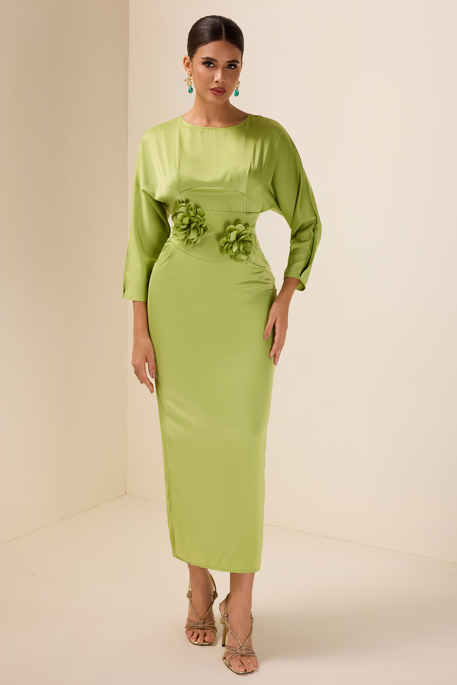 Satin Bell Sleeve Solid Midi Dress With Belt