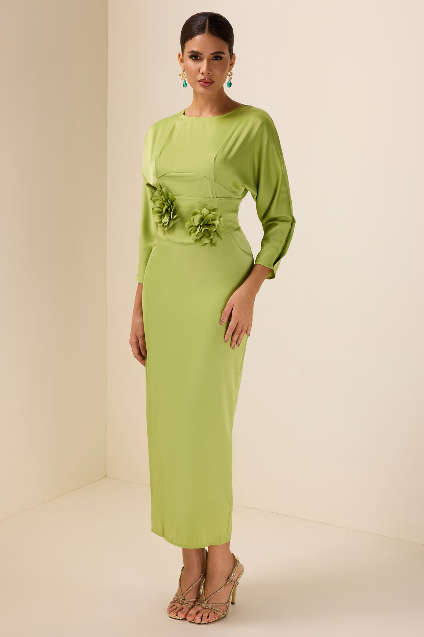 Satin Bell Sleeve Solid Midi Dress With Belt