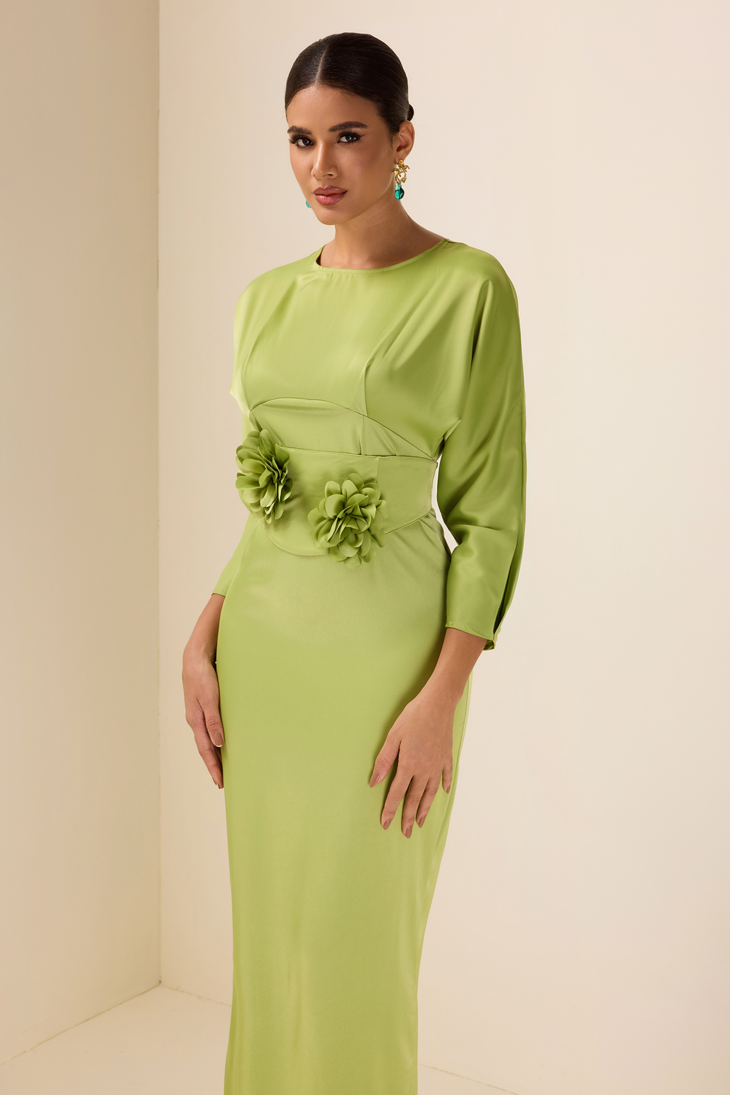 Satin Bell Sleeve Solid Midi Dress With Belt