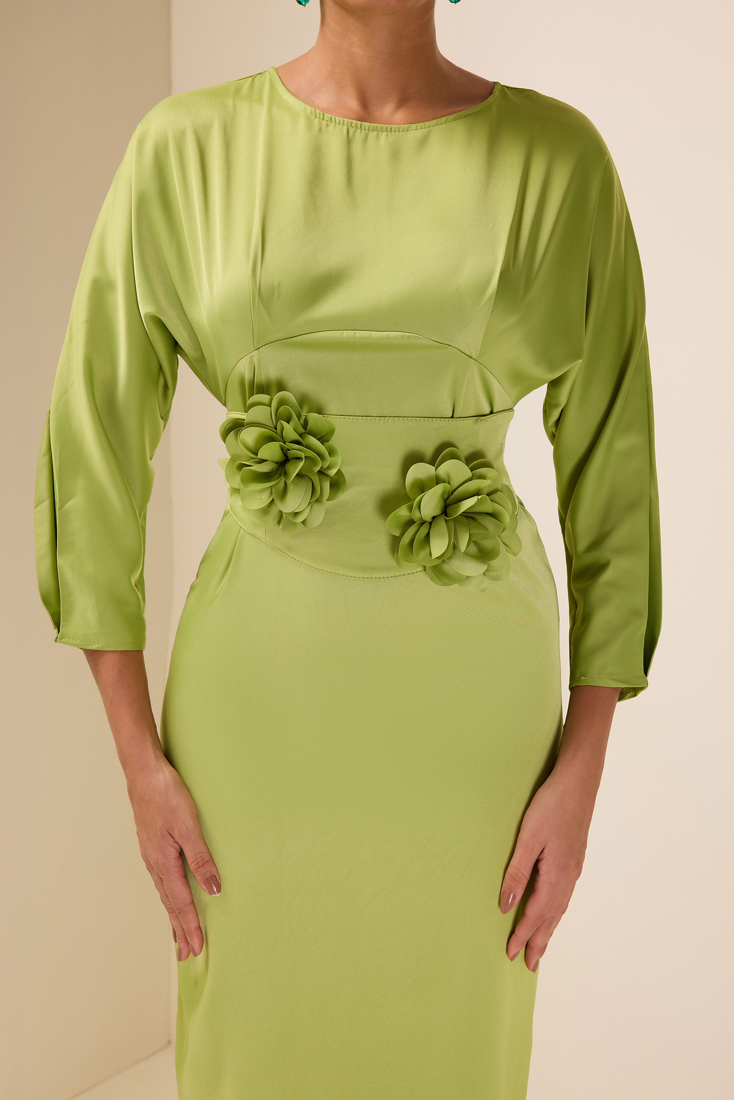 Satin Bell Sleeve Solid Midi Dress With Belt