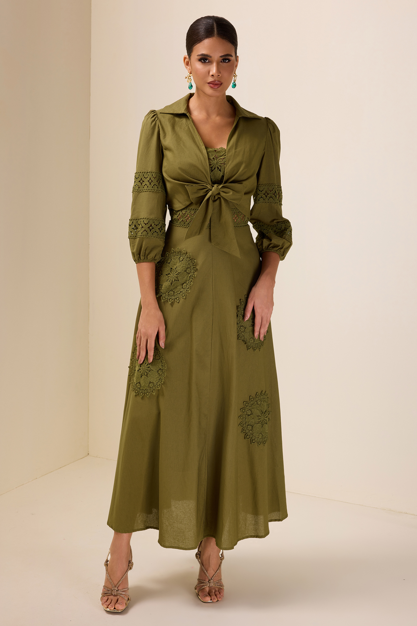 Lace Shirt Collar Lace Up Mini Top & Slip Midi Dress Set