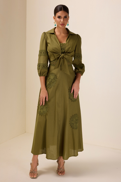 Lace Shirt Collar Lace Up Mini Top & Slip Midi Dress Set