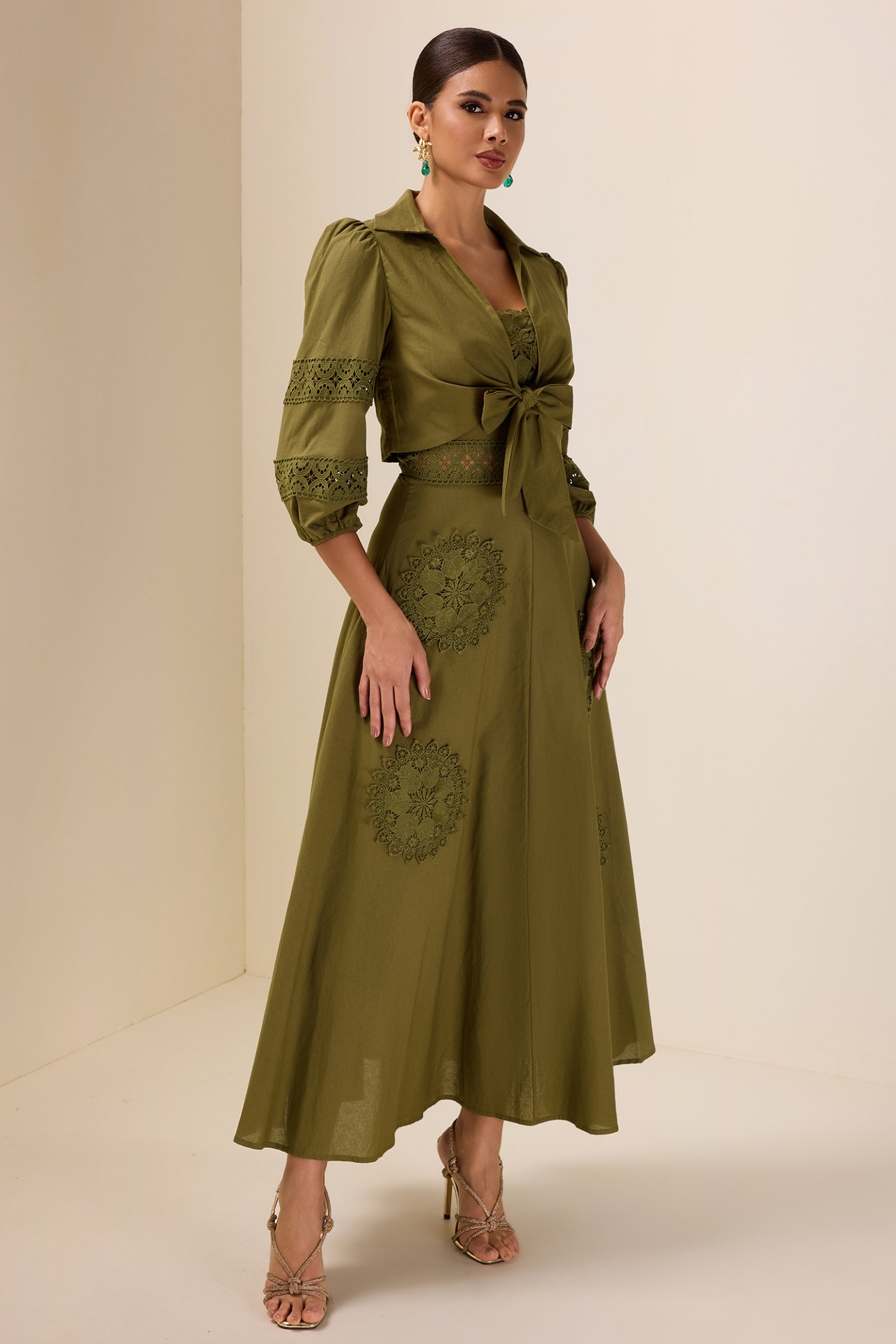 Lace Shirt Collar Lace Up Mini Top & Slip Midi Dress Set