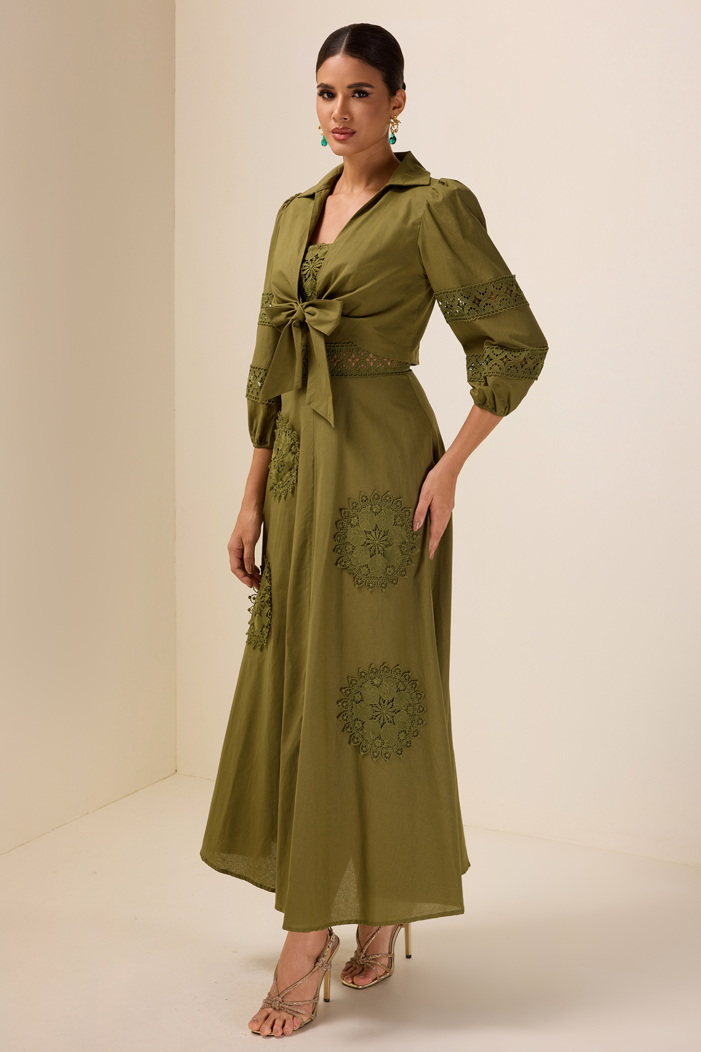 Lace Shirt Collar Lace Up Mini Top & Slip Midi Dress Set