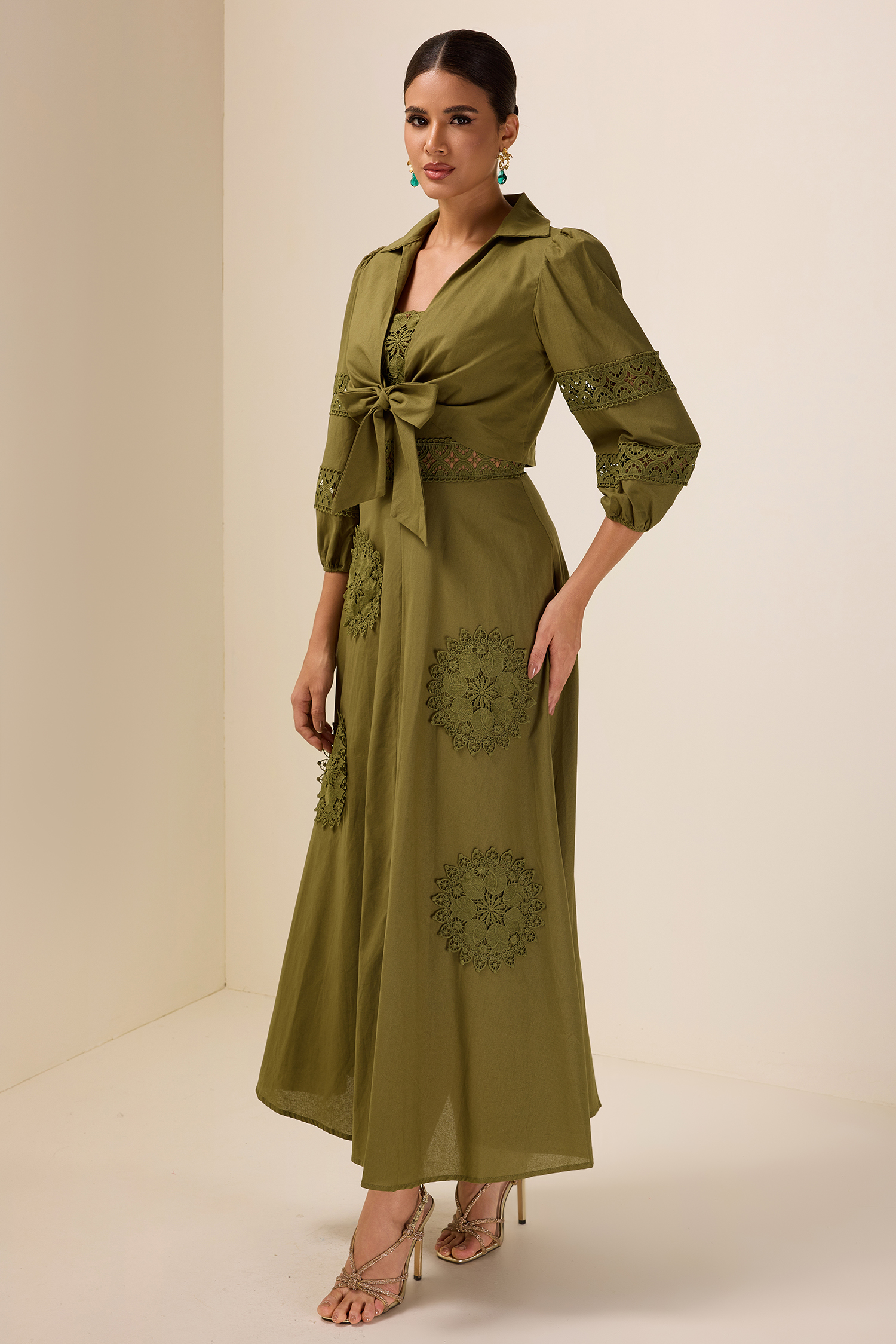 Lace Shirt Collar Lace Up Mini Top & Slip Midi Dress Set