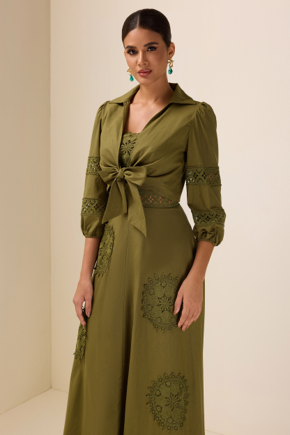 Lace Shirt Collar Lace Up Mini Top & Slip Midi Dress Set