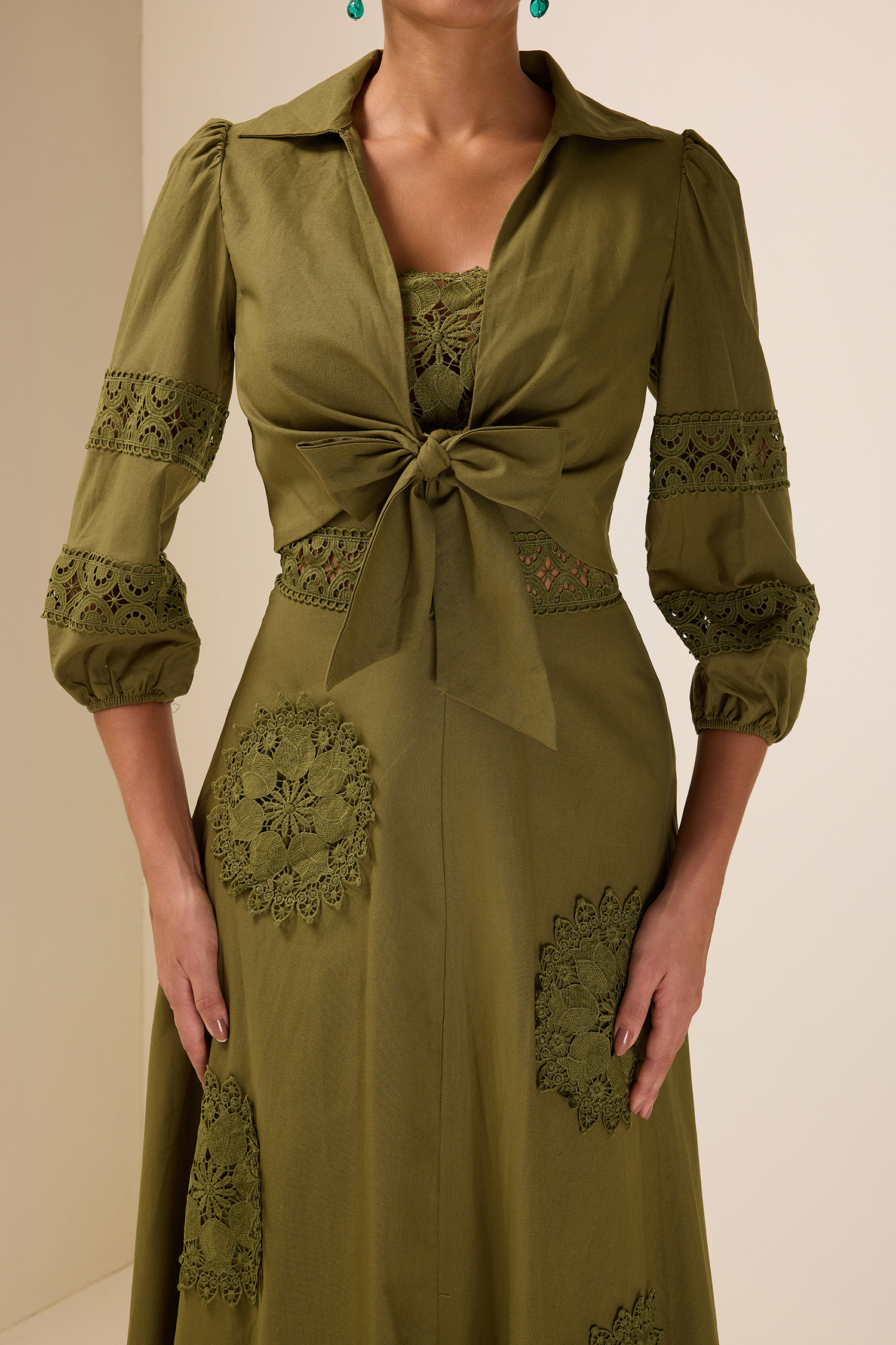 Lace Shirt Collar Lace Up Mini Top & Slip Midi Dress Set