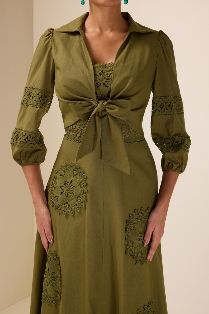 Lace Shirt Collar Lace Up Mini Top & Slip Midi Dress Set