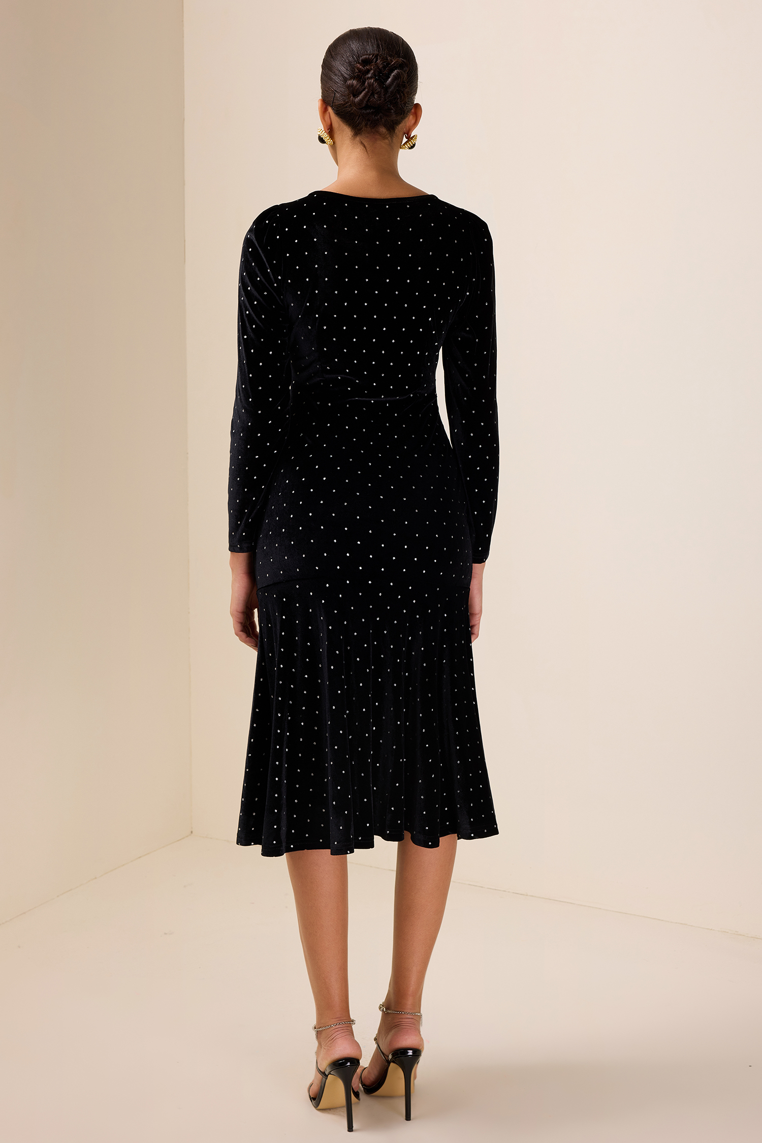 Solid Velvet Rhinestone Midi Dress