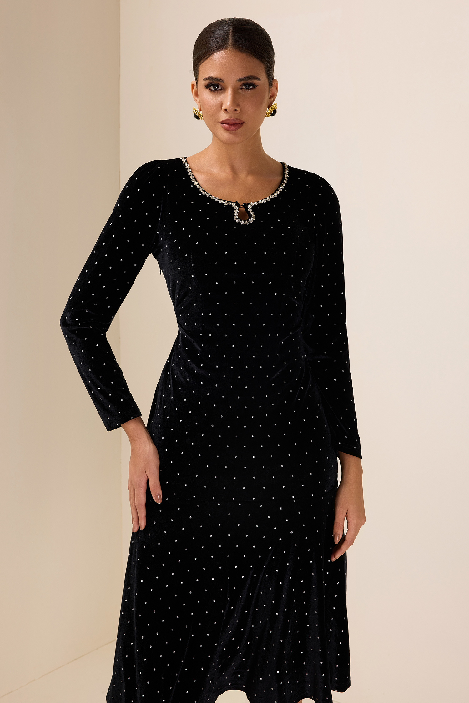 Solid Velvet Rhinestone Midi Dress