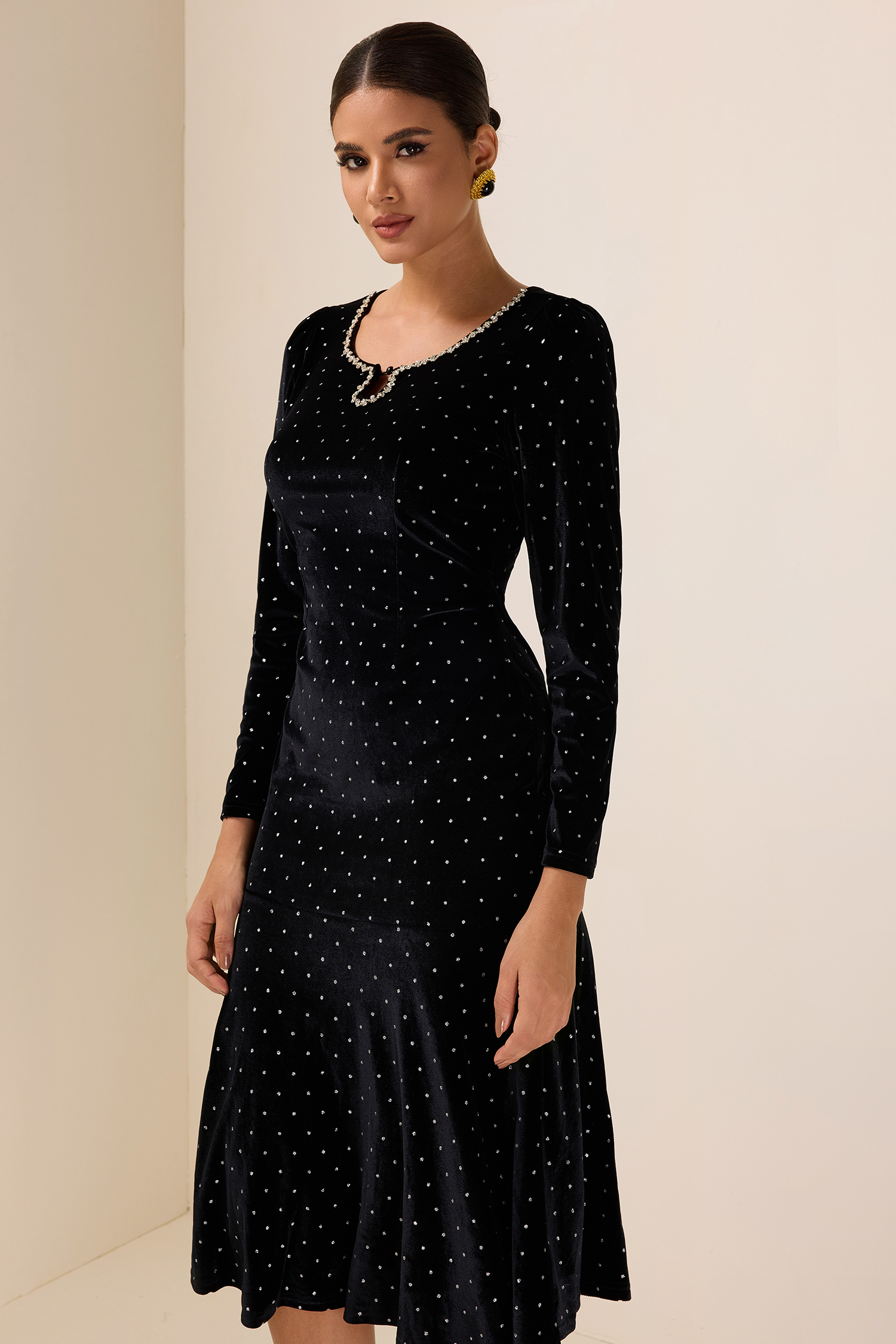 Solid Velvet Rhinestone Midi Dress