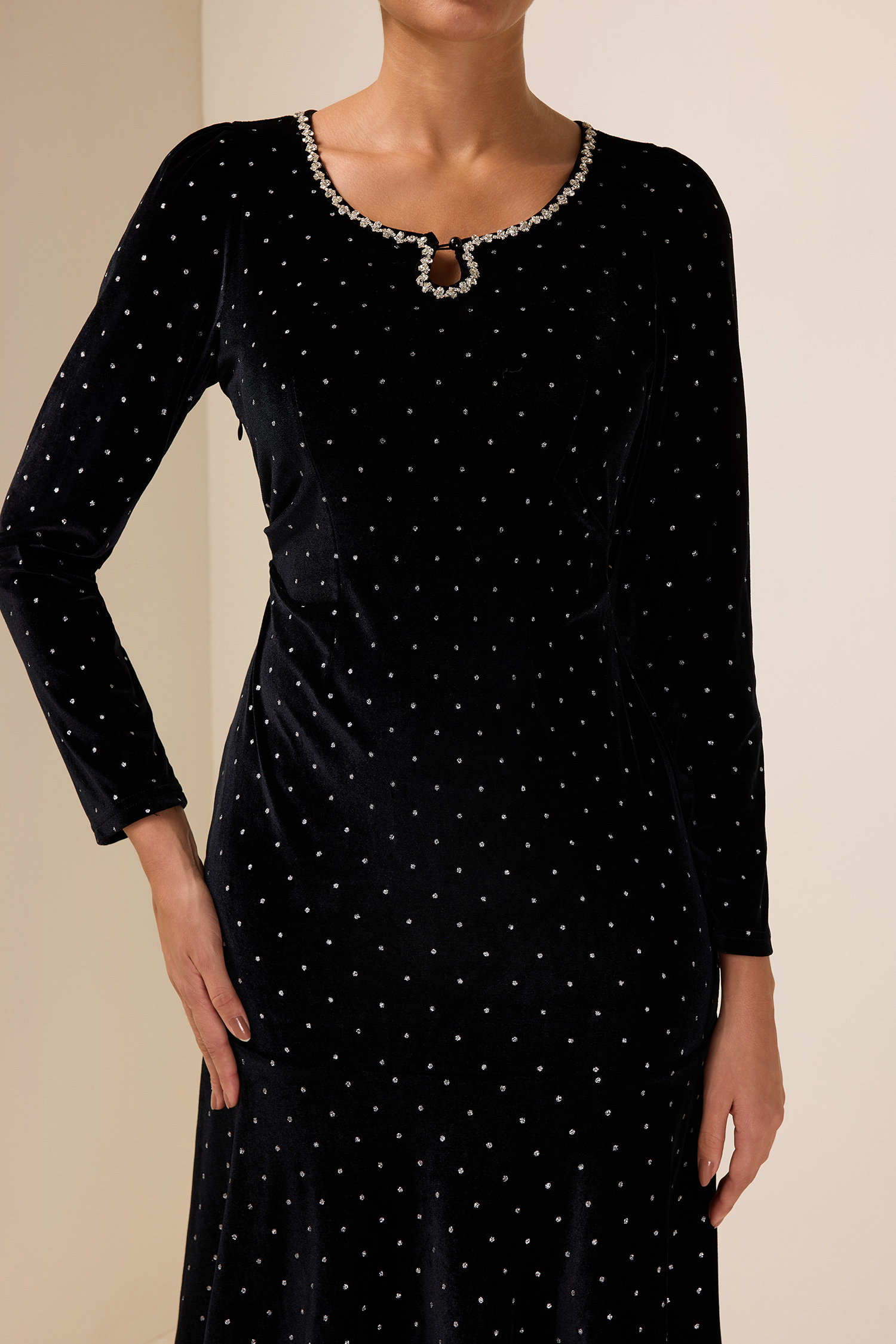 Solid Velvet Rhinestone Midi Dress