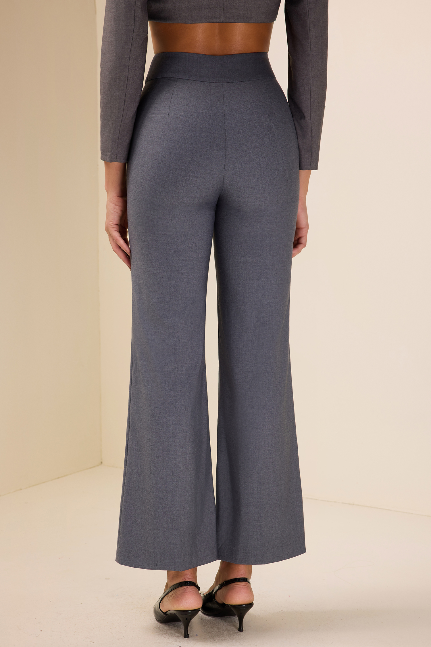 Solid Mid Waist Wide-Leg Pants