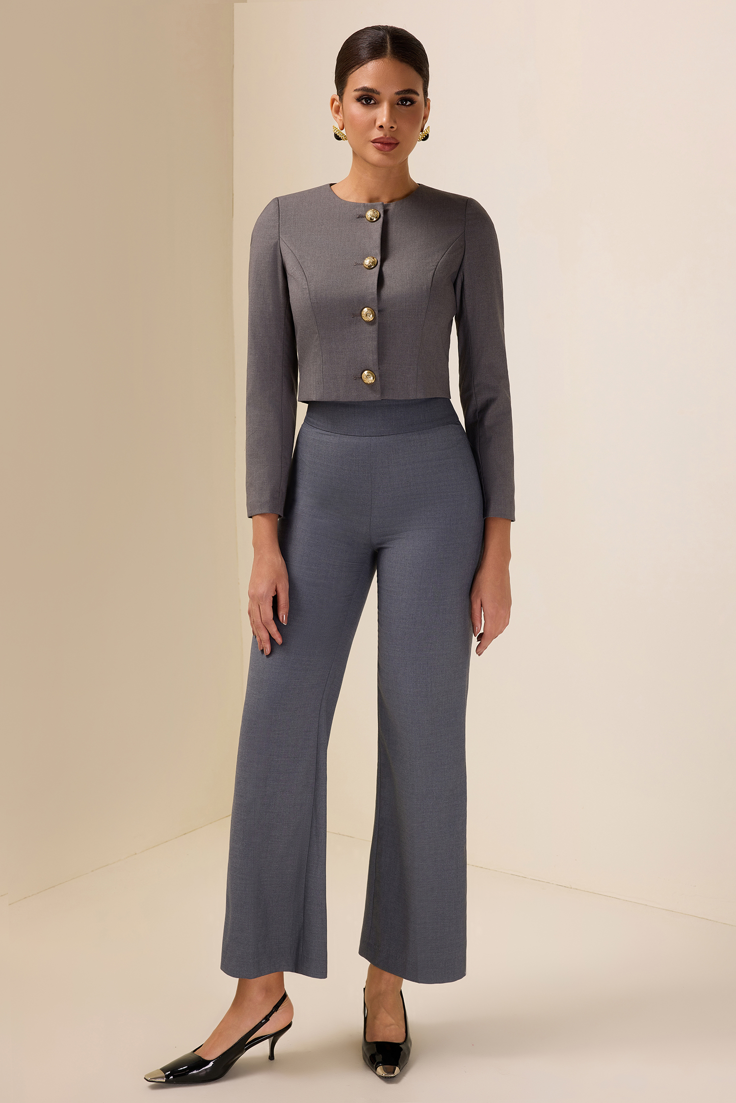 Solid Mid Waist Wide-Leg Pants