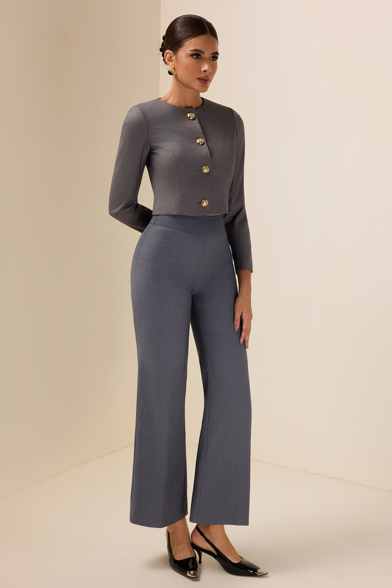 Solid Mid Waist Wide-Leg Pants