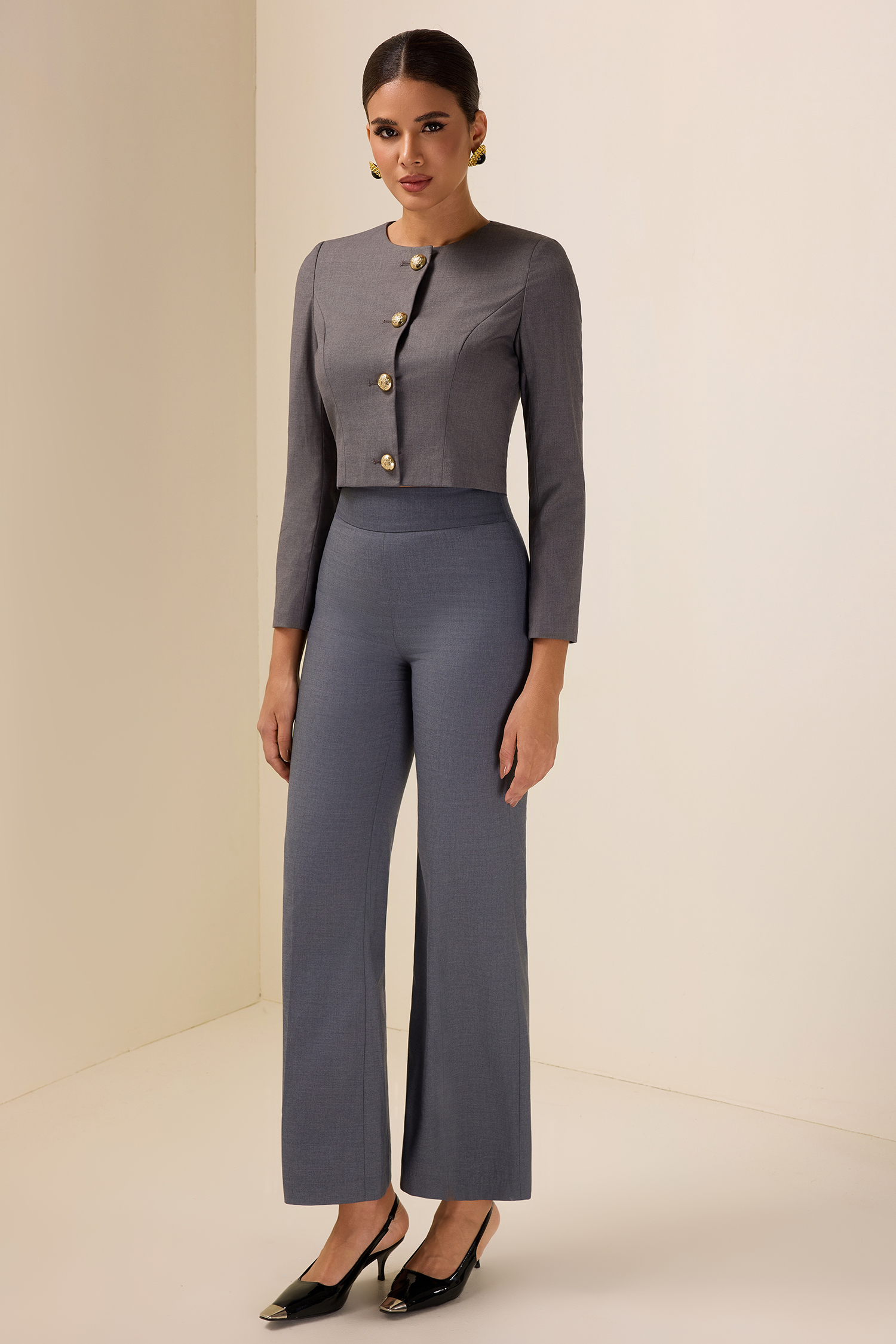 Solid Mid Waist Wide-Leg Pants
