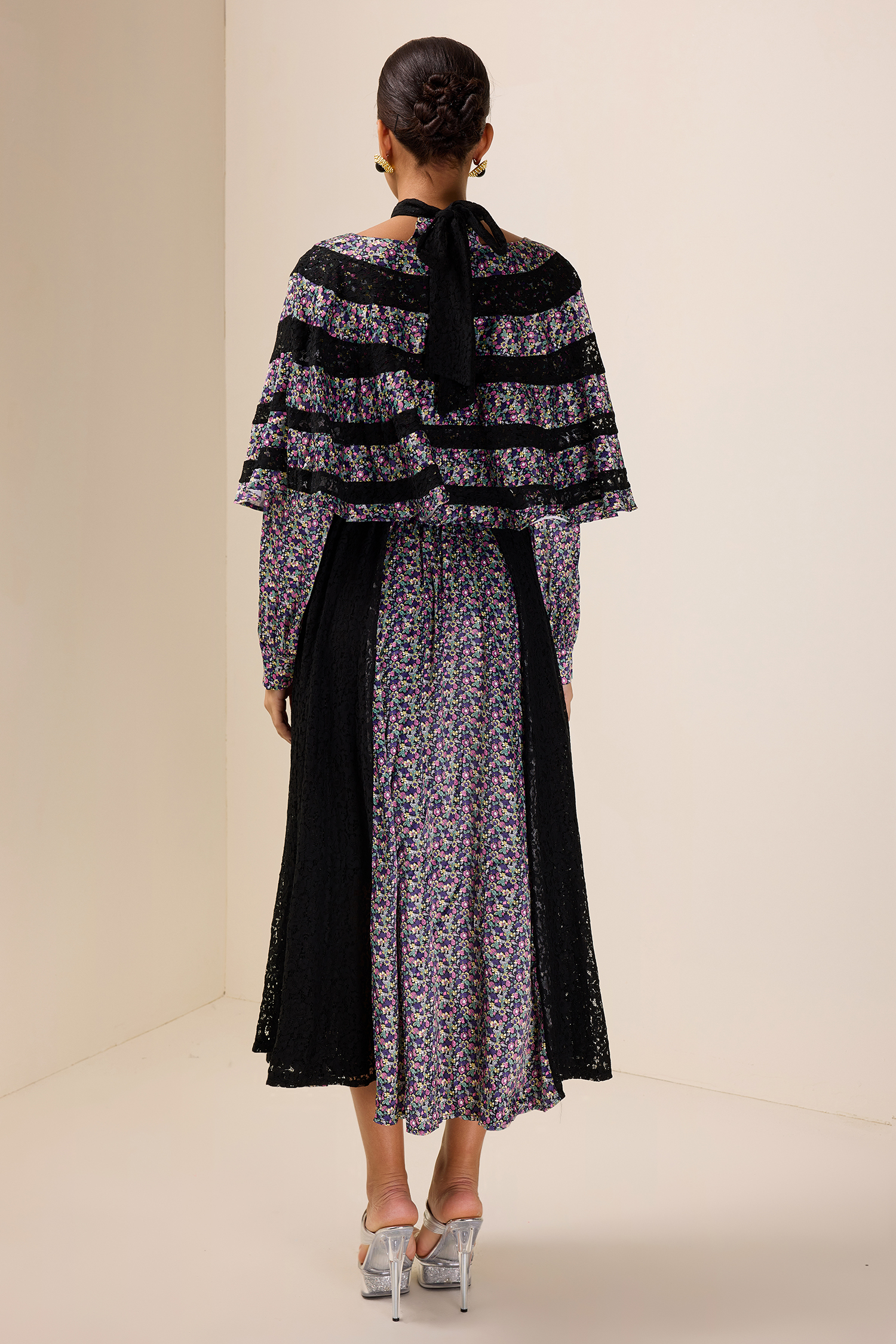 Floral Lace Cape Sleeve Midi Dress